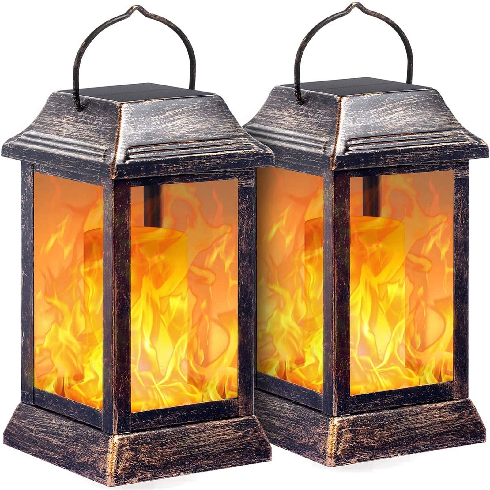 Two decorative lanterns with flame-like lights on a white background