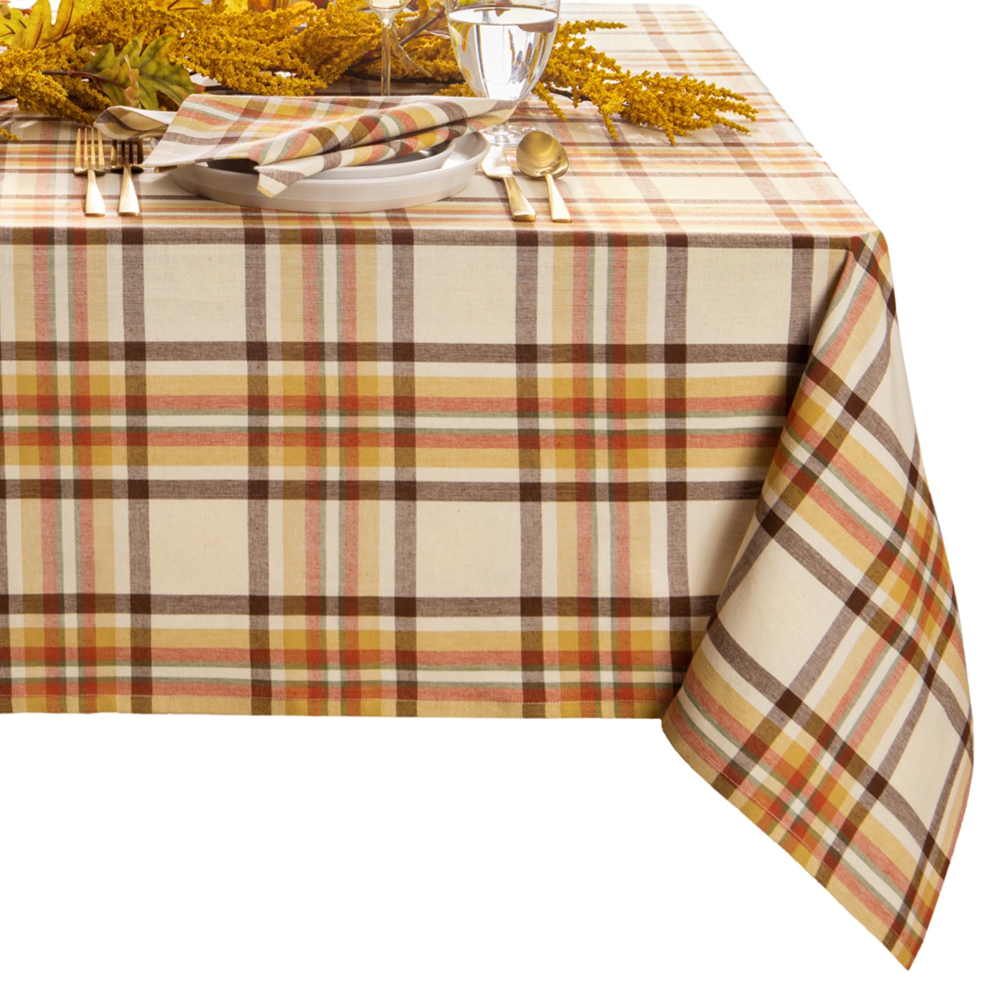 Russet Harvest Woven Plaid Cotton Tablecloth for Fall/Thanksgiving, 60"x102" Rectangle