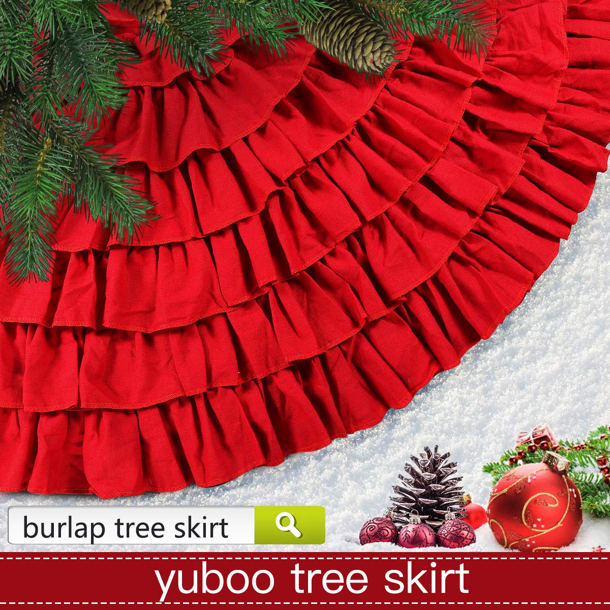 yuboo Red Ruffle Christmas Tree Skirt for Artificial Trees, 48 inches 6-Layer Fluffy Large Tree Skirt for Rustic Farmhouse Christmas Decorations&Ornaments for Holiday Party