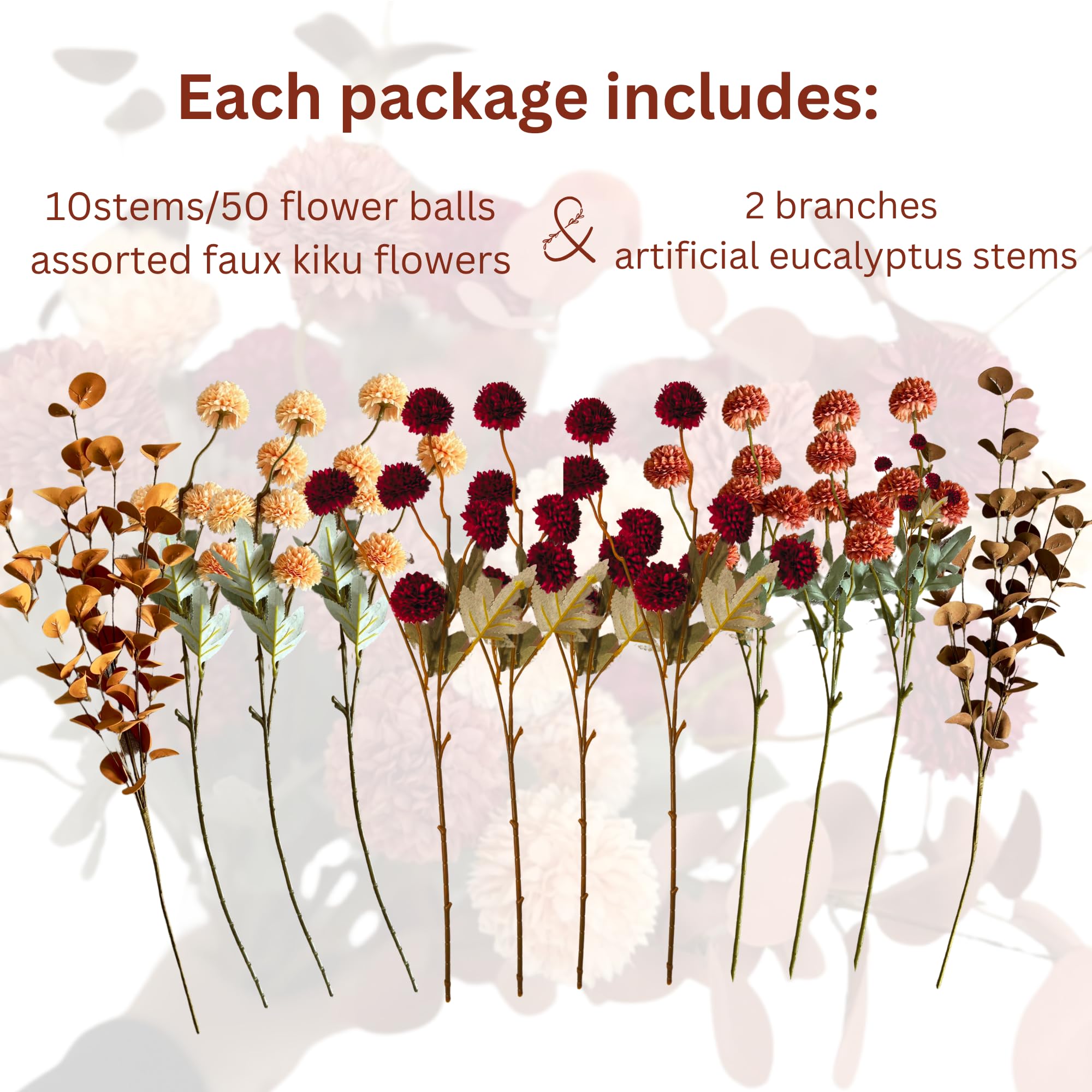 Burnt Orange Faux Fall Flowers 10 Stems + Eucalyptus, Fake Silk Mums