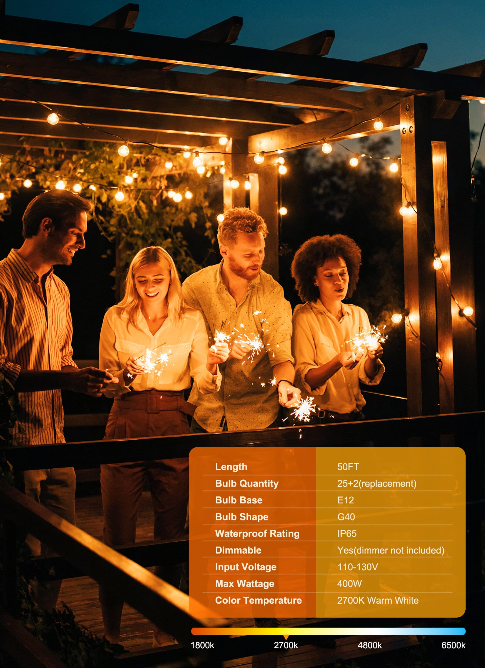 50FT 25 G40 Bulbs Patio Lights, IP65 Waterproof & Dimmable
