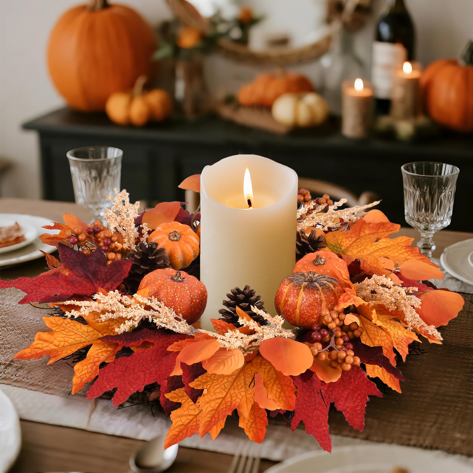 20 Inch Fall Wreath Decoration Leaf Pumpkin Pine Cone Berry Indoor/Outdoor