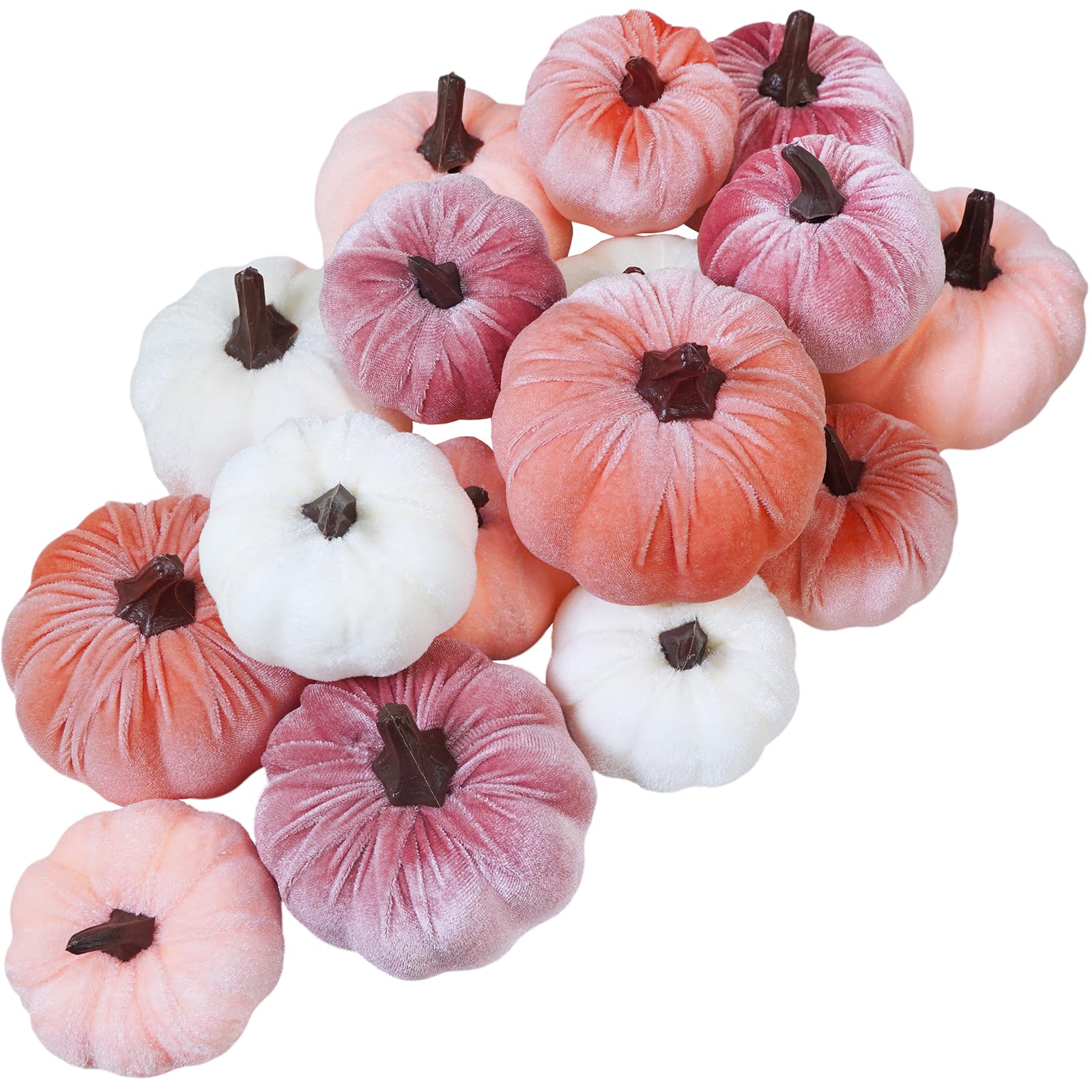 16 Pcs Assorted Artificial Velvet Pumpkins Blush Coral Pink Peach Cream Decorative Fabric Pumpkins