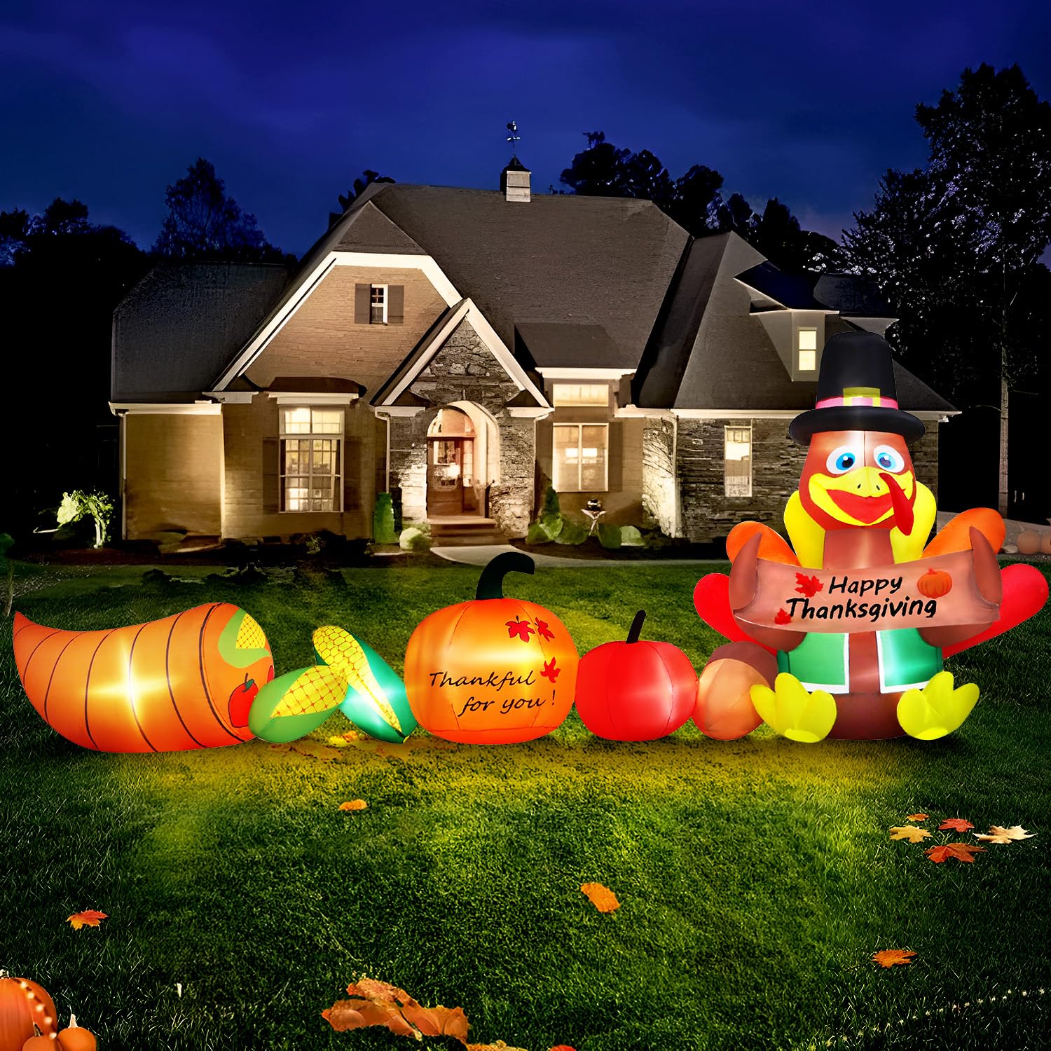 12FT Long Thanksgiving Inflatable Turkey with Pumpkins & Corn