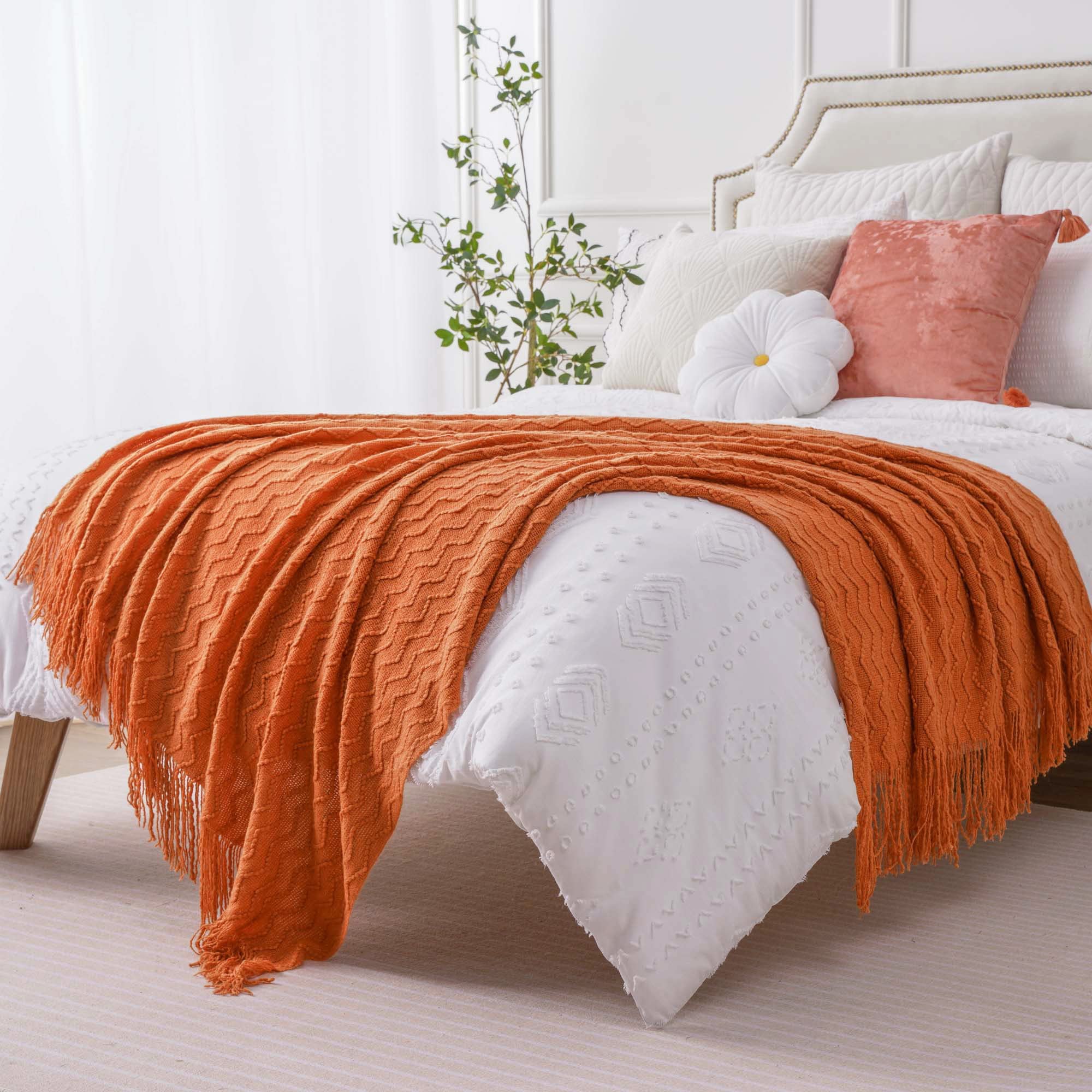 Burnt Orange Throw Blanket - Decorative Fall Throw Blanket with Tassels 50"x60"