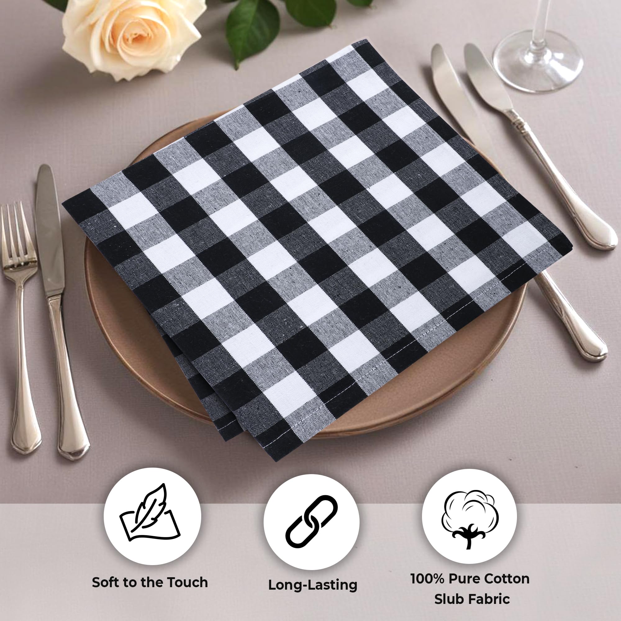 12 Pack Dinner Napkins Black and White Gingham Buffalo Plaid