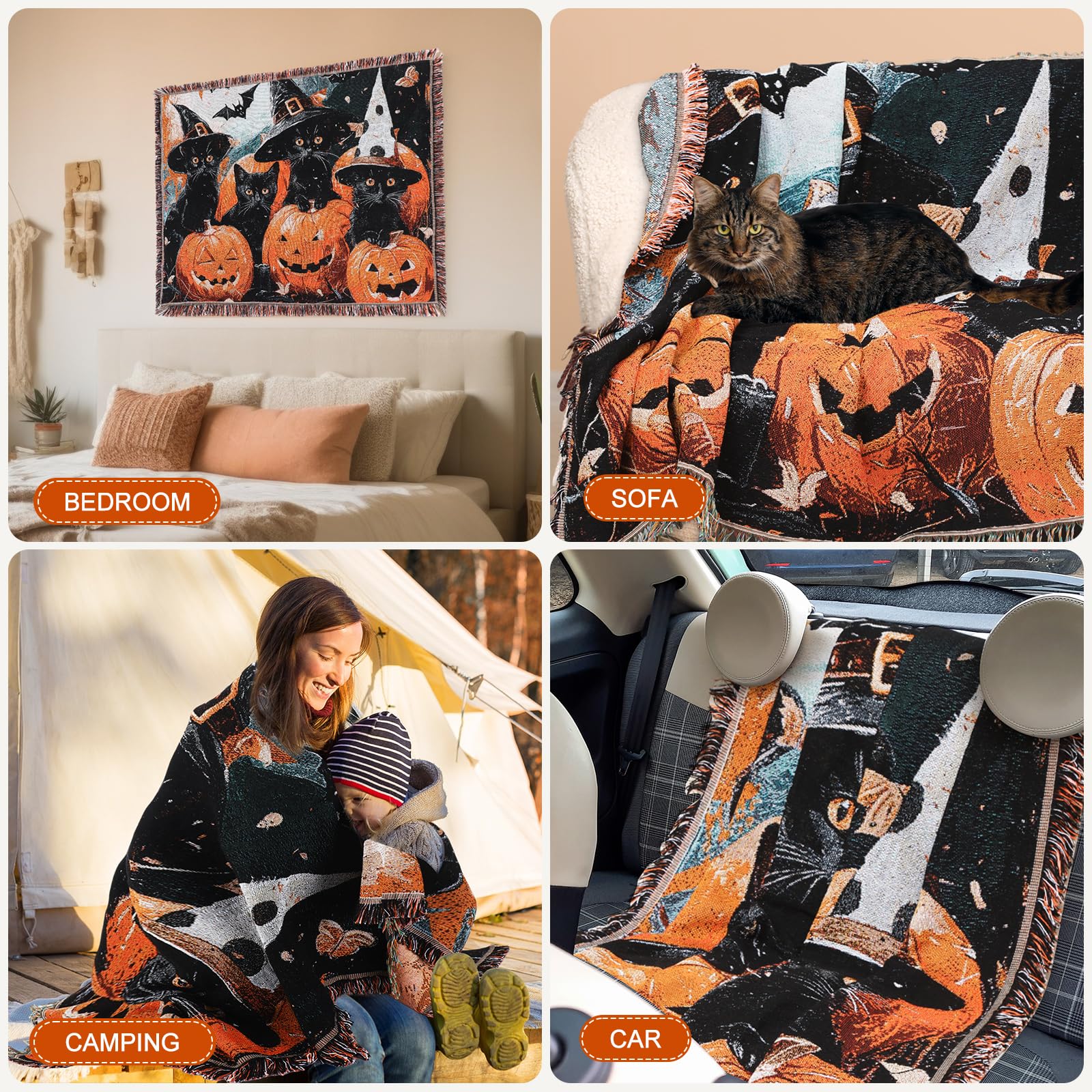 Halloween-themed blanket with pumpkins and cats displayed in various settings.