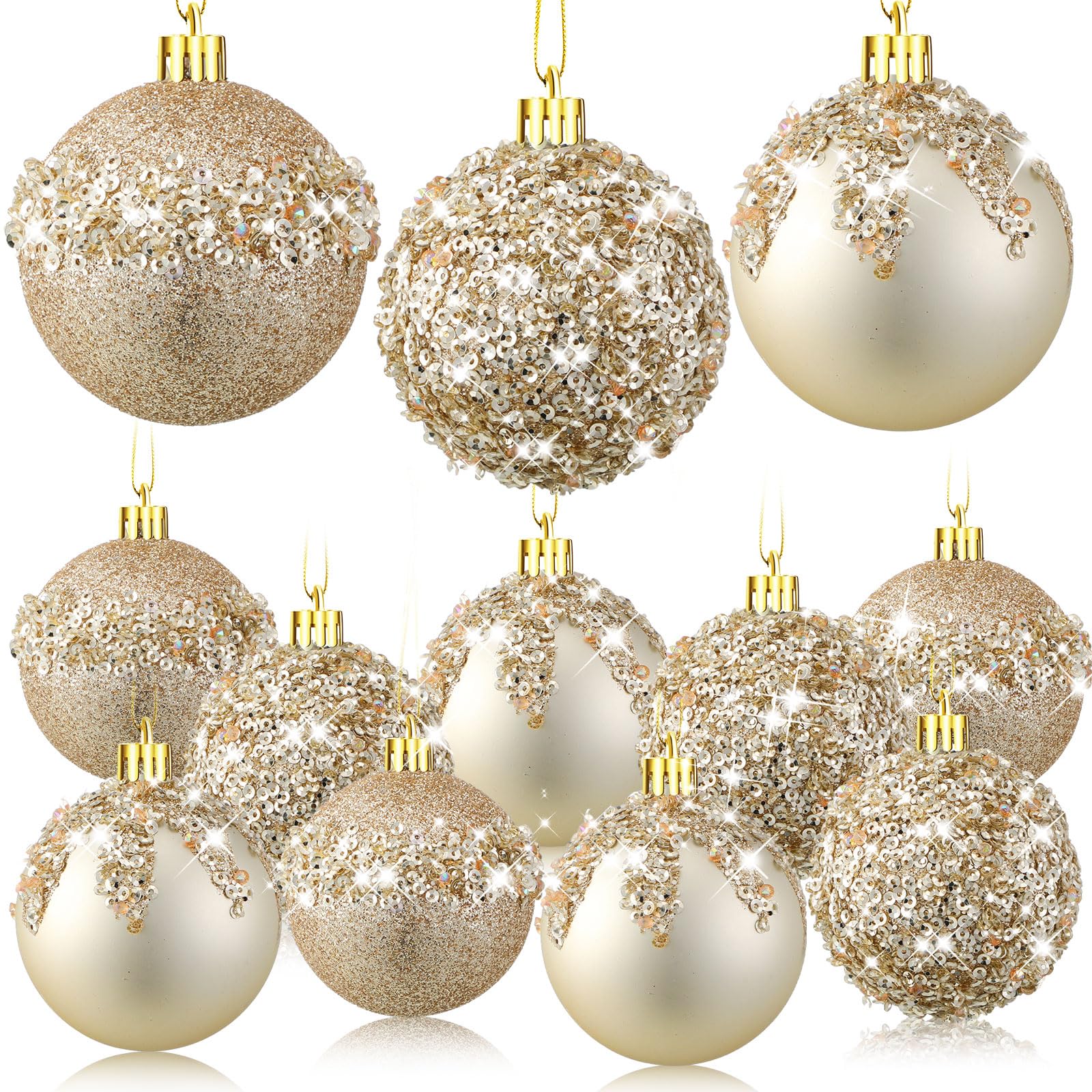 12 Pieces Glitter Christmas Ball Ornaments (Champagne Gold, 2.36 Inch)