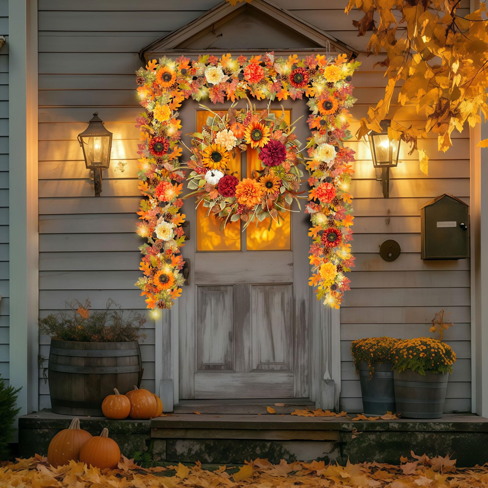 6ft Fall Garland with Lights, Sunflower, Hydrangea, Fall Leaves Indoor/Outdoor