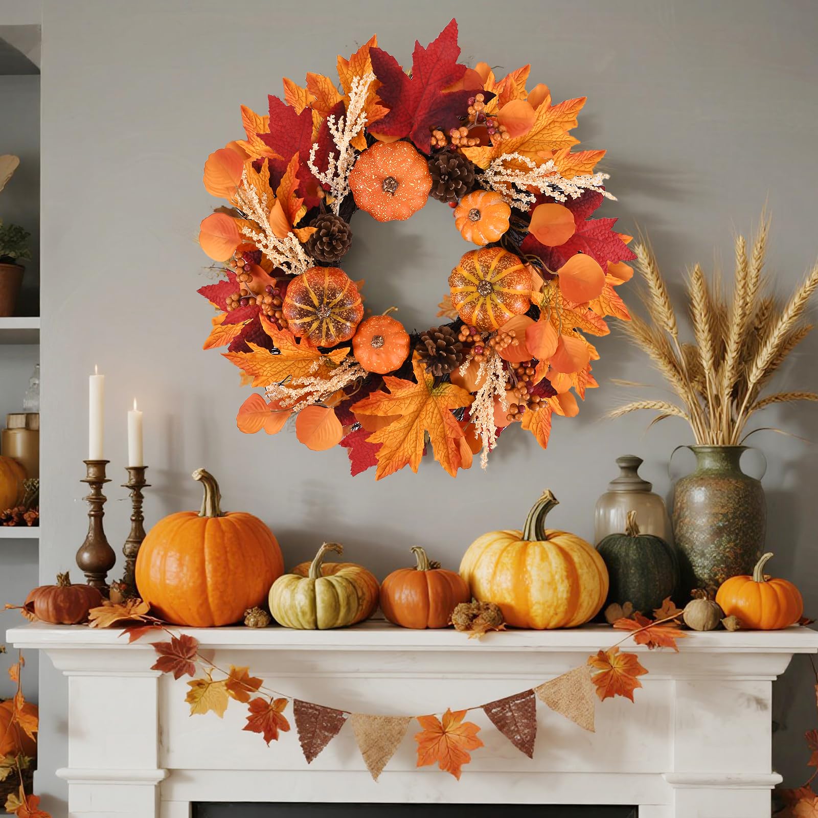 20 Inch Fall Wreath Decoration Leaf Pumpkin Pine Cone Berry Indoor/Outdoor