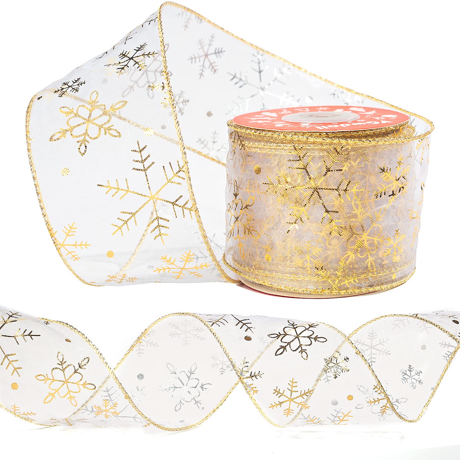 2.4 Inch 10 Yards Glitter Gold Snowflake Ribbon