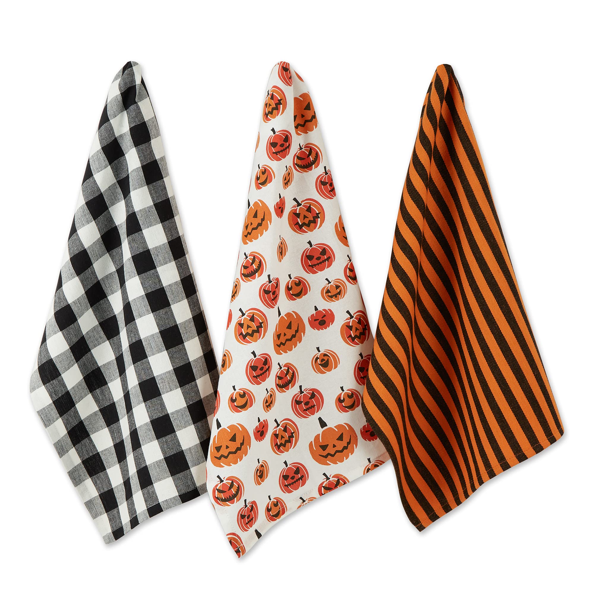 Halloween Hand Towels for The Kitchen, Black & White Buffalo Check/Orange Stripes, 3 Count