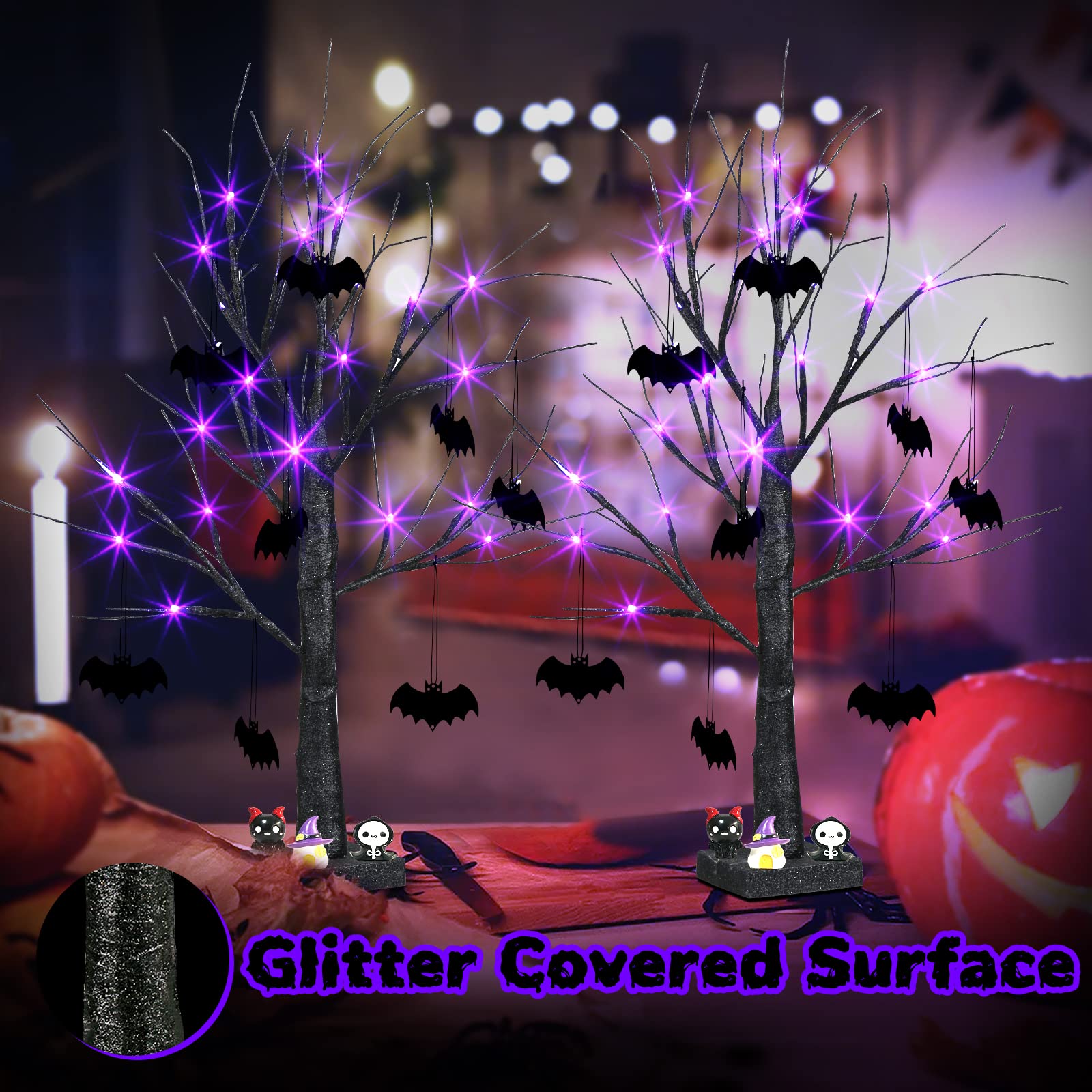 Mini Halloween tree set with purple lights and glitter surface