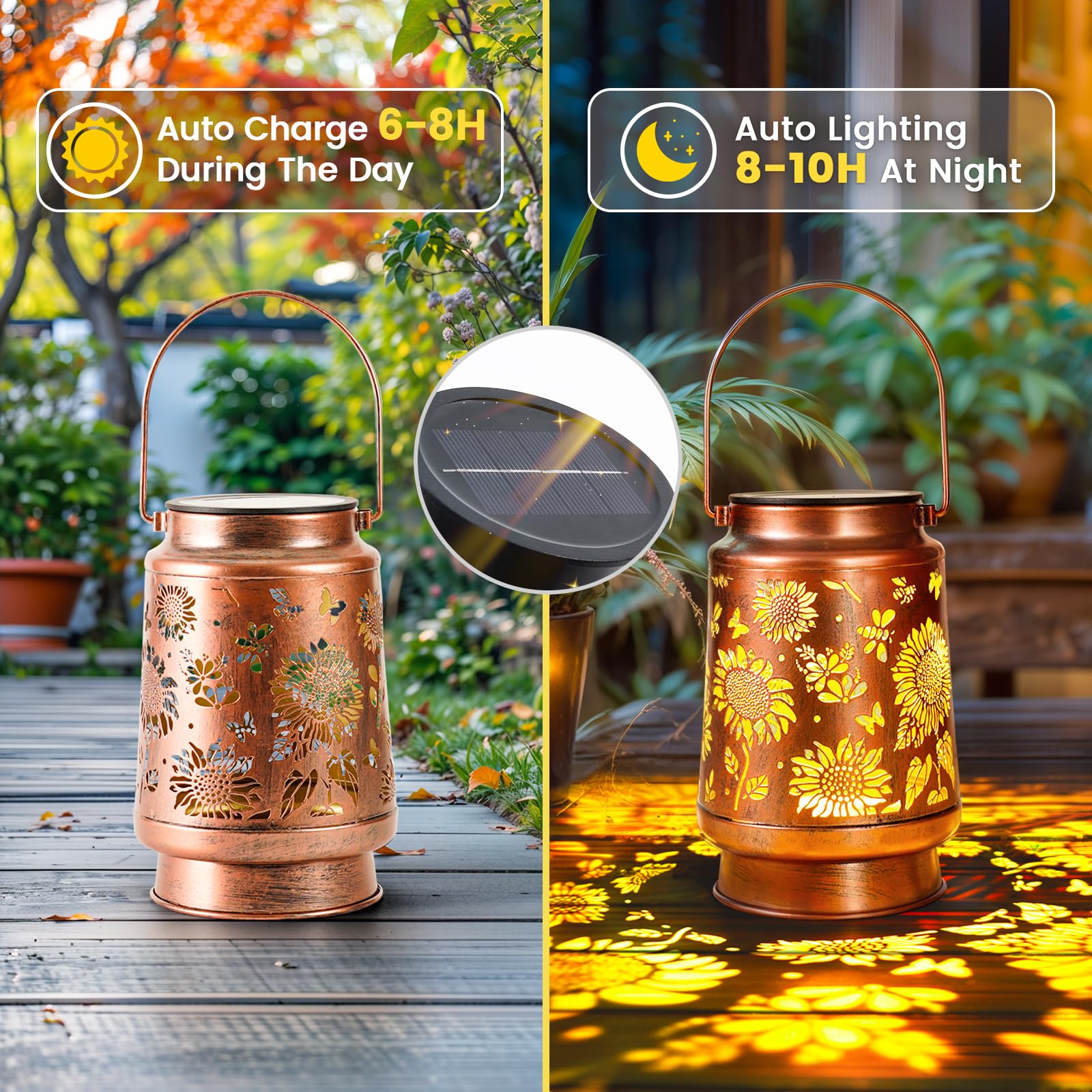 Copper lantern with floral design, solar panel, and lighting features on a wooden surface.