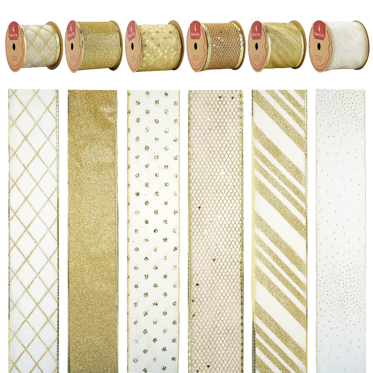 6 rolls of gold wire ribbon with different patterns