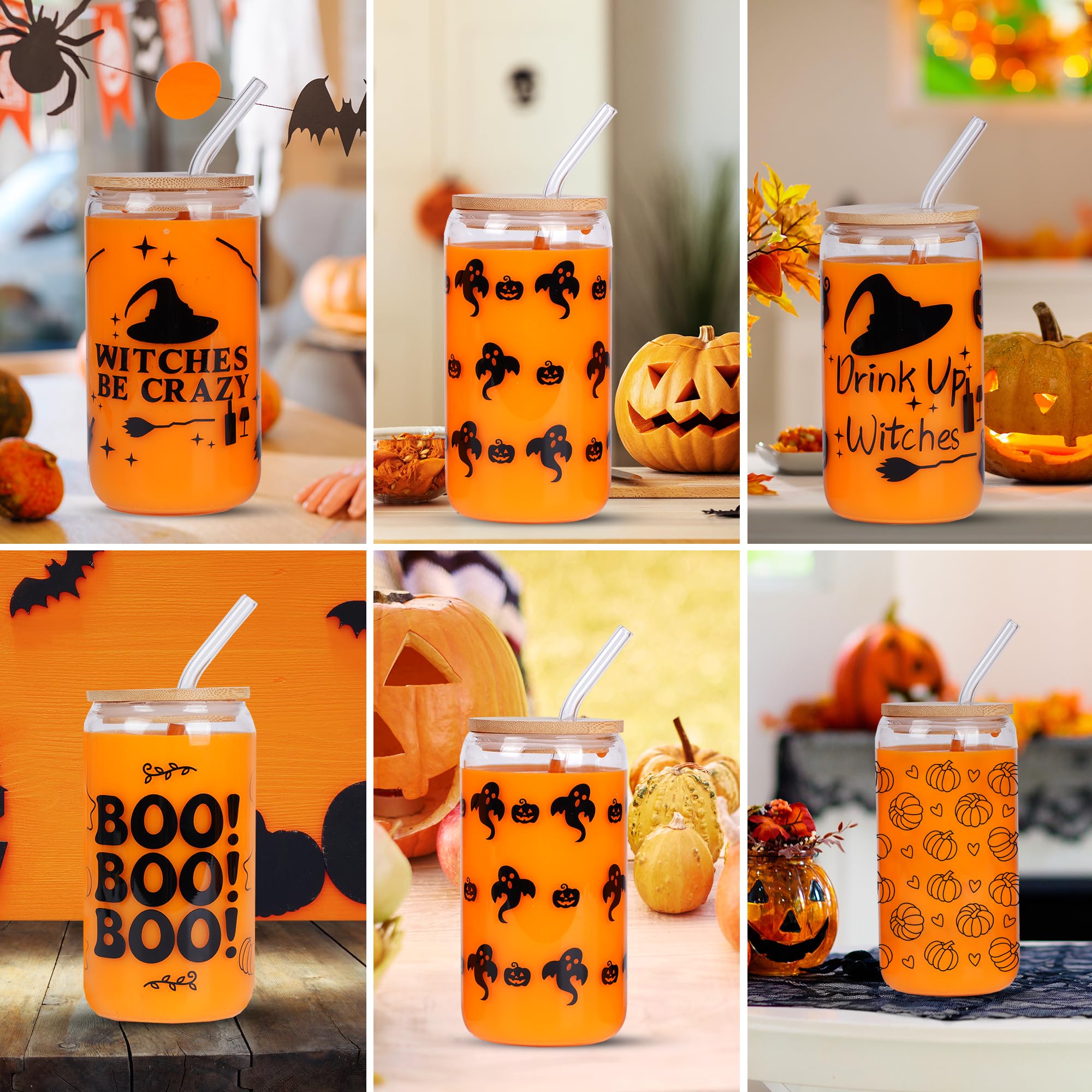 6 Pc Halloween Can Glass with Bamboo Lid 16oz