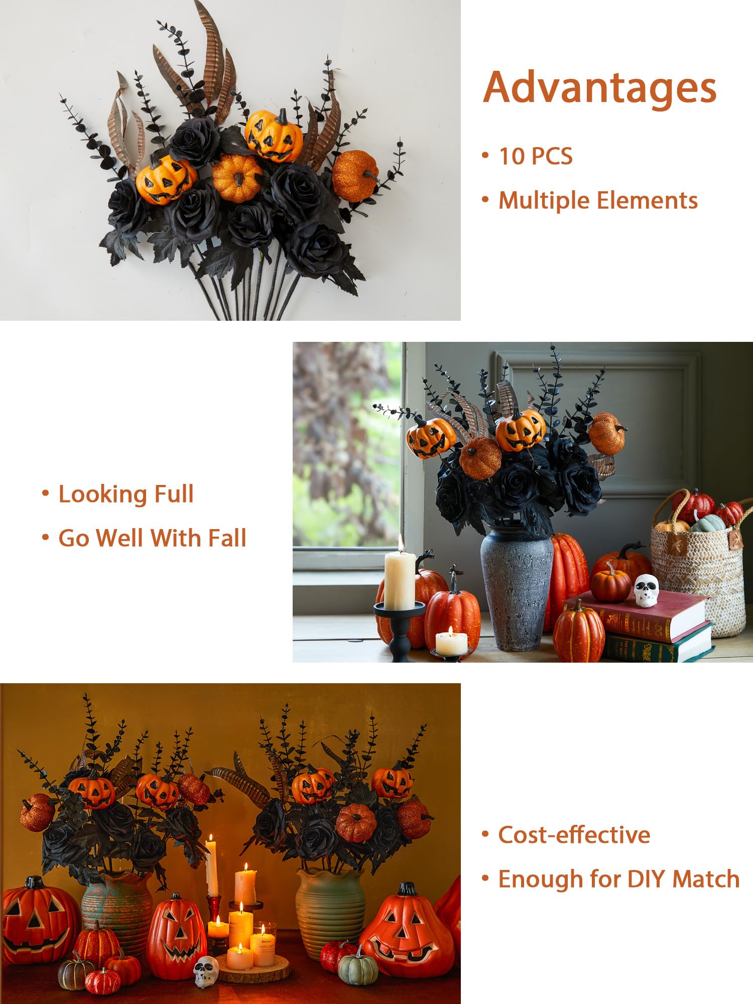 10PCS Halloween Decor Artificial Flowers Black Roses with Pumpkins