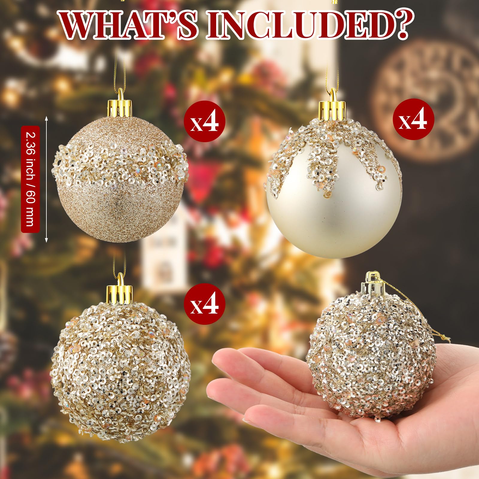 12 Pieces Glitter Christmas Ball Ornaments (Champagne Gold, 2.36 Inch)