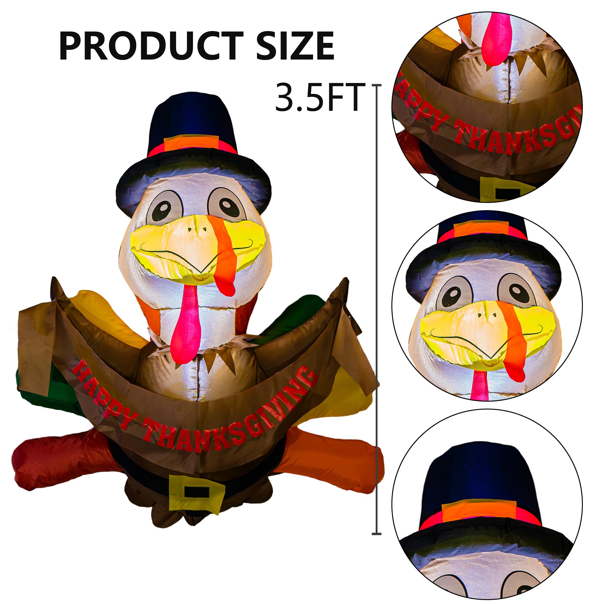 3.5 FT Thanksgiving Inflatable Turkey Window Decor with LED