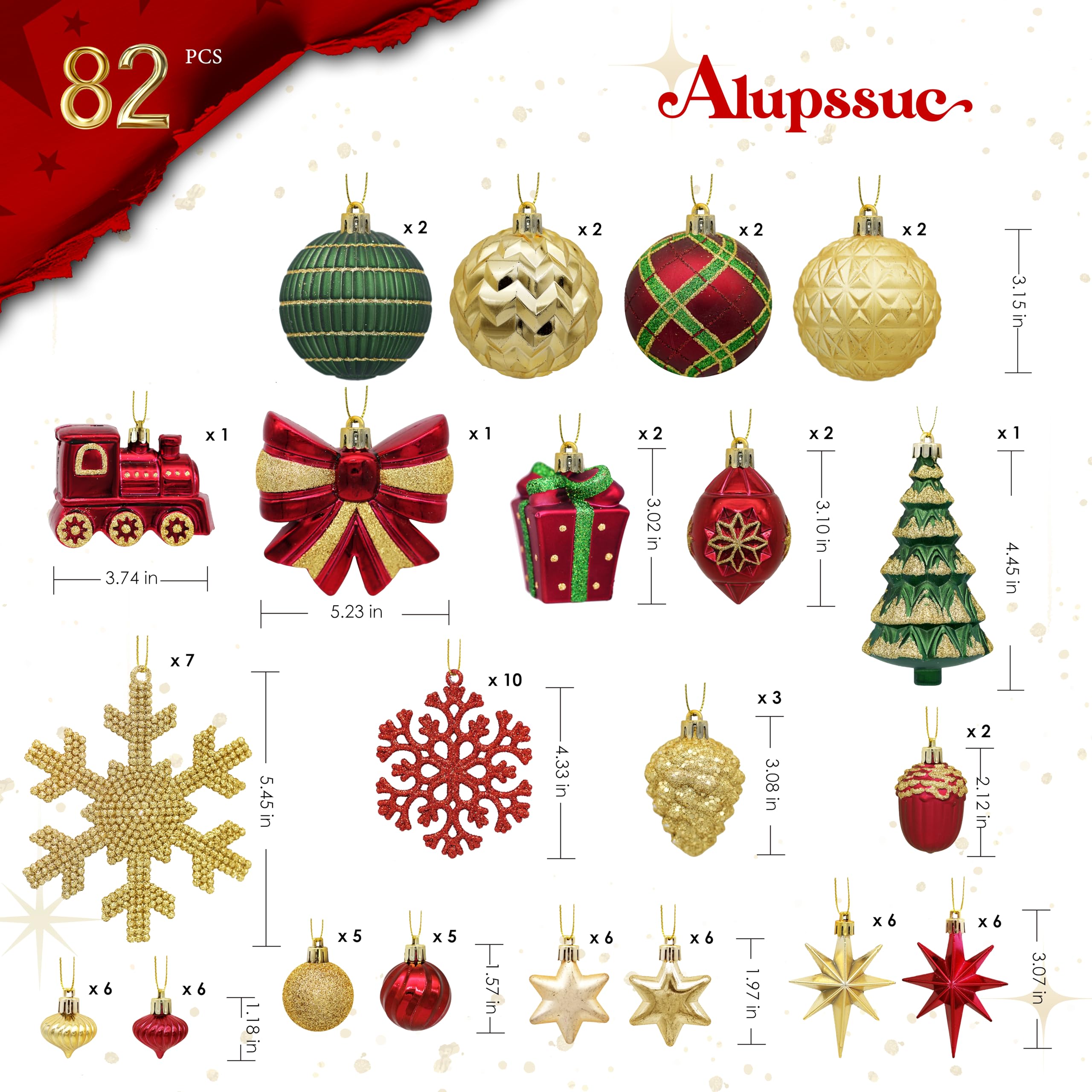 82pcs Gold, Red and Green Christmas Ball Ornaments Set