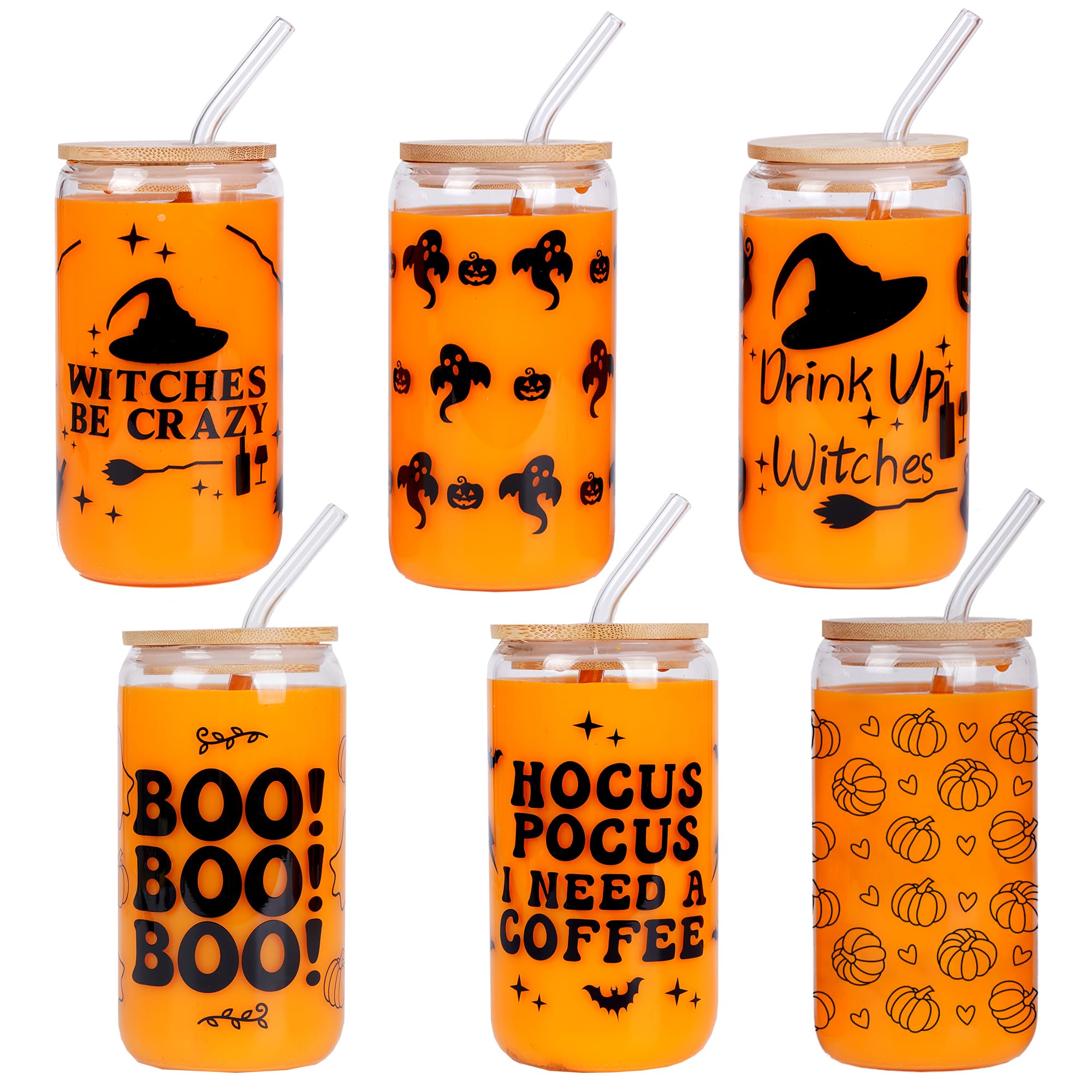 6 Pc Halloween Can Glass with Bamboo Lid 16oz