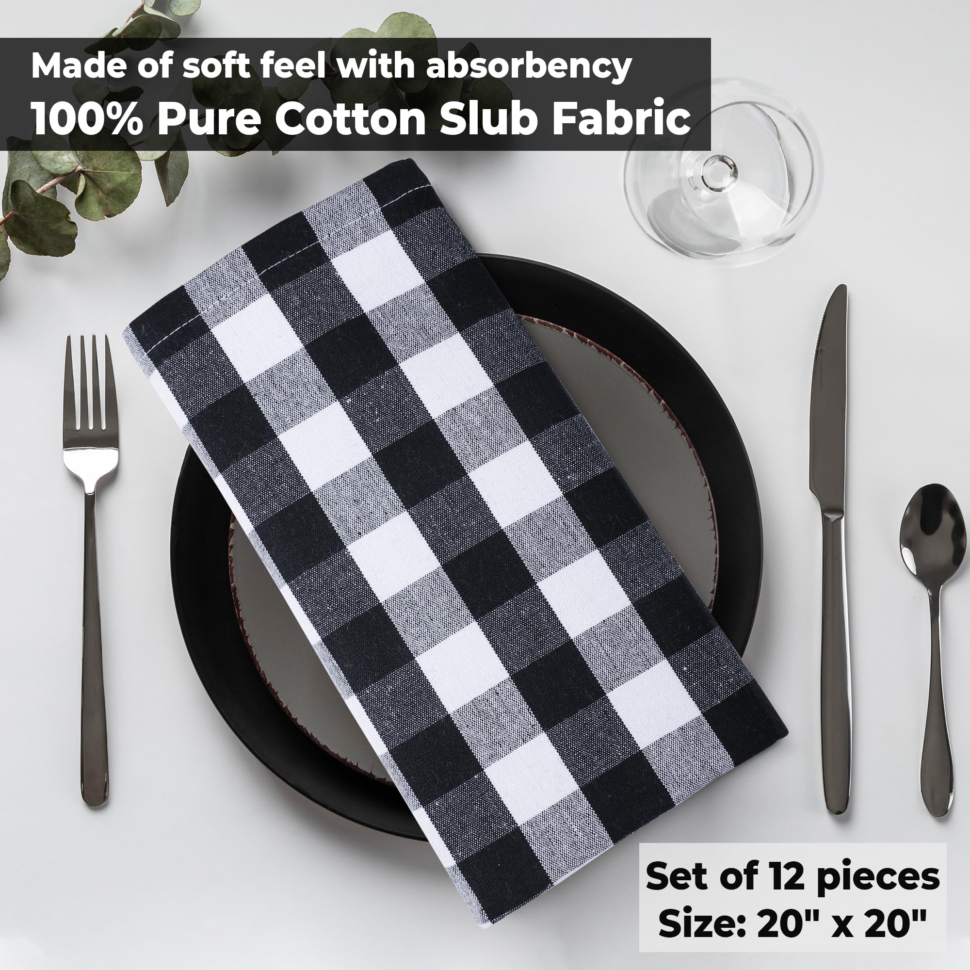 12 Pack Dinner Napkins Black and White Gingham Buffalo Plaid