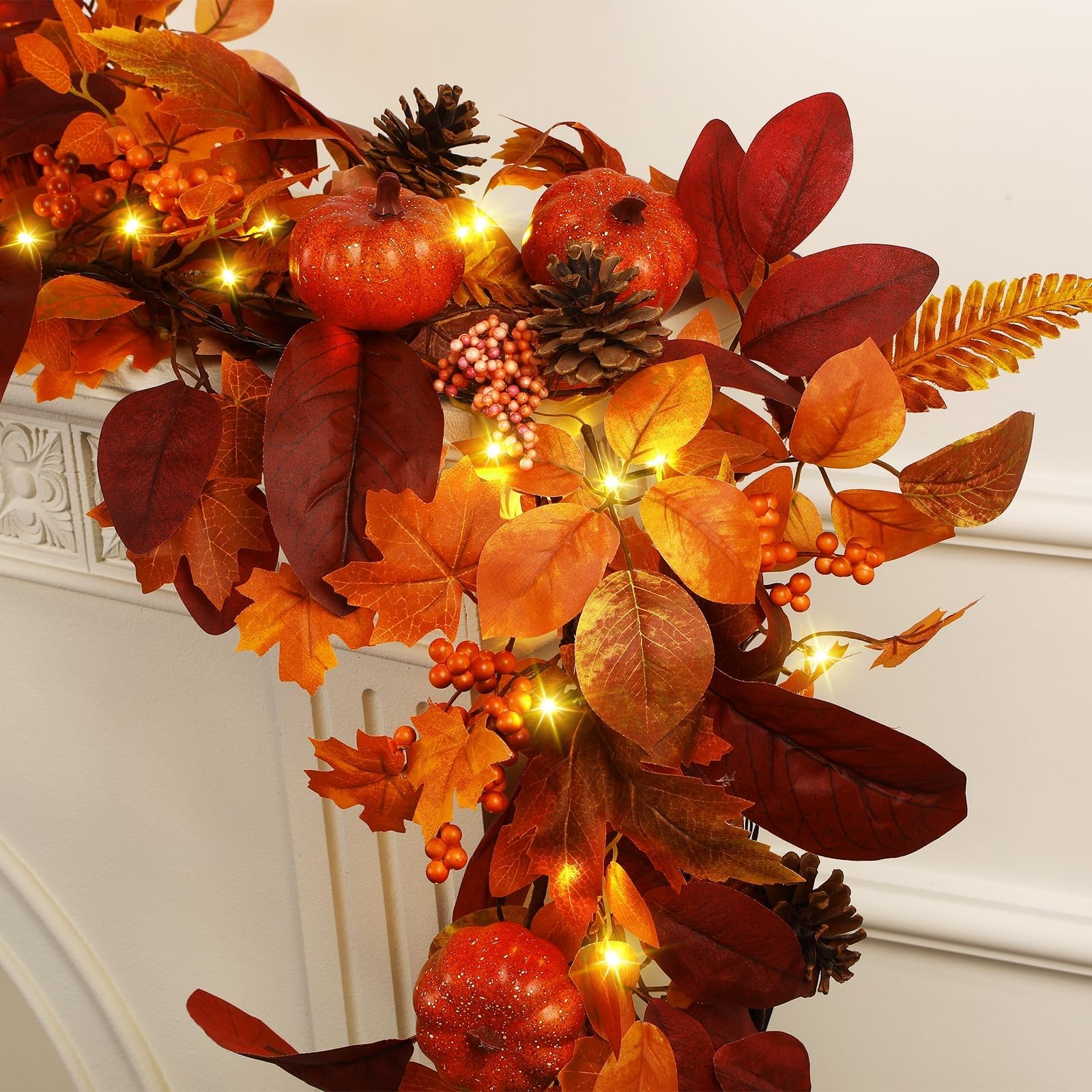 6ft Orange Fall Garland with Lights Indoor/Outdoor