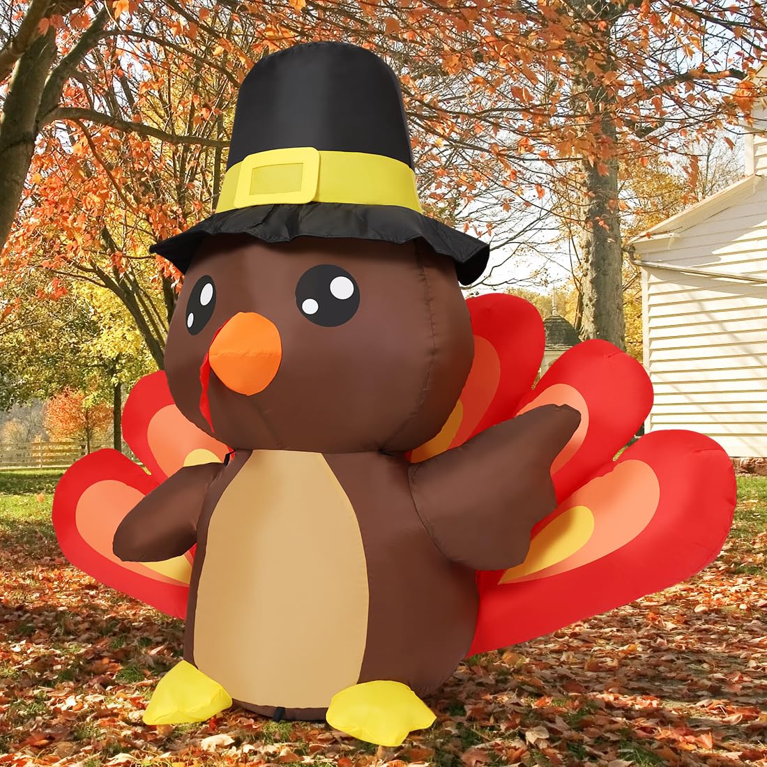 4FT Tall Thanksgiving Turkey Baby in Pilgrim Hat Inflatable with LEDs