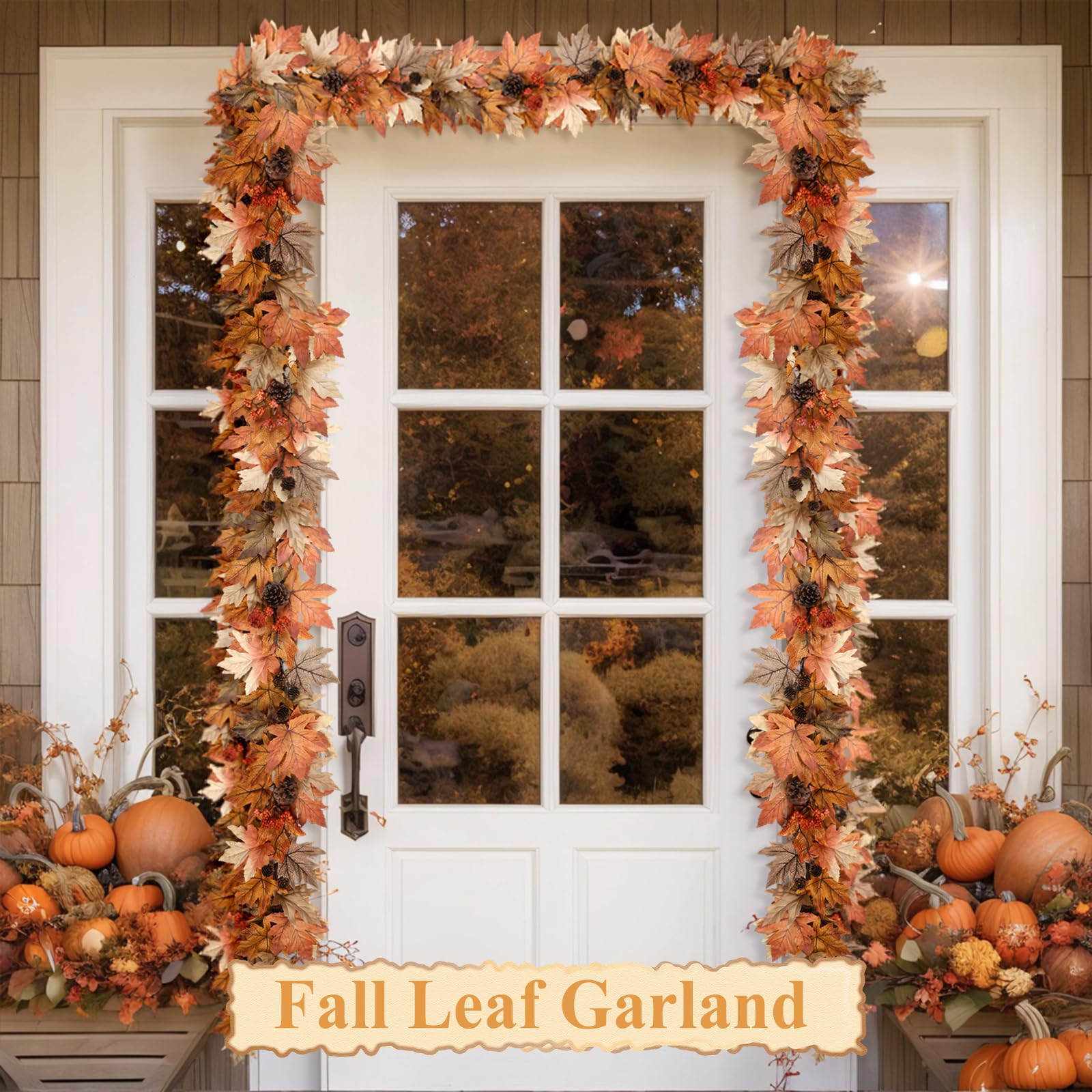 6 FT Fall Garland with Lights, Fall Leaves Garland with Berries & Pine Cones