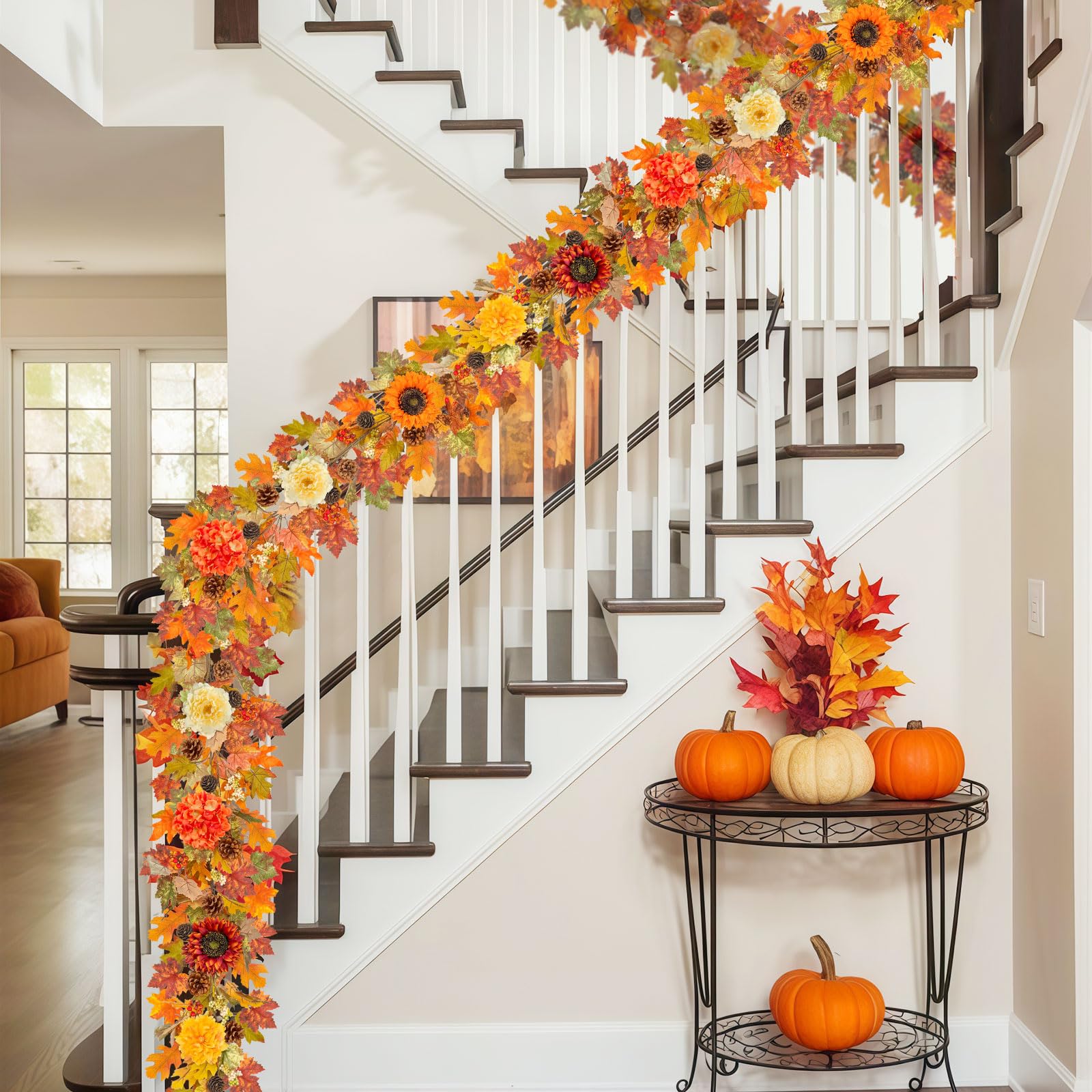 6ft Fall Garland with Lights, Sunflower, Hydrangea, Fall Leaves Indoor/Outdoor