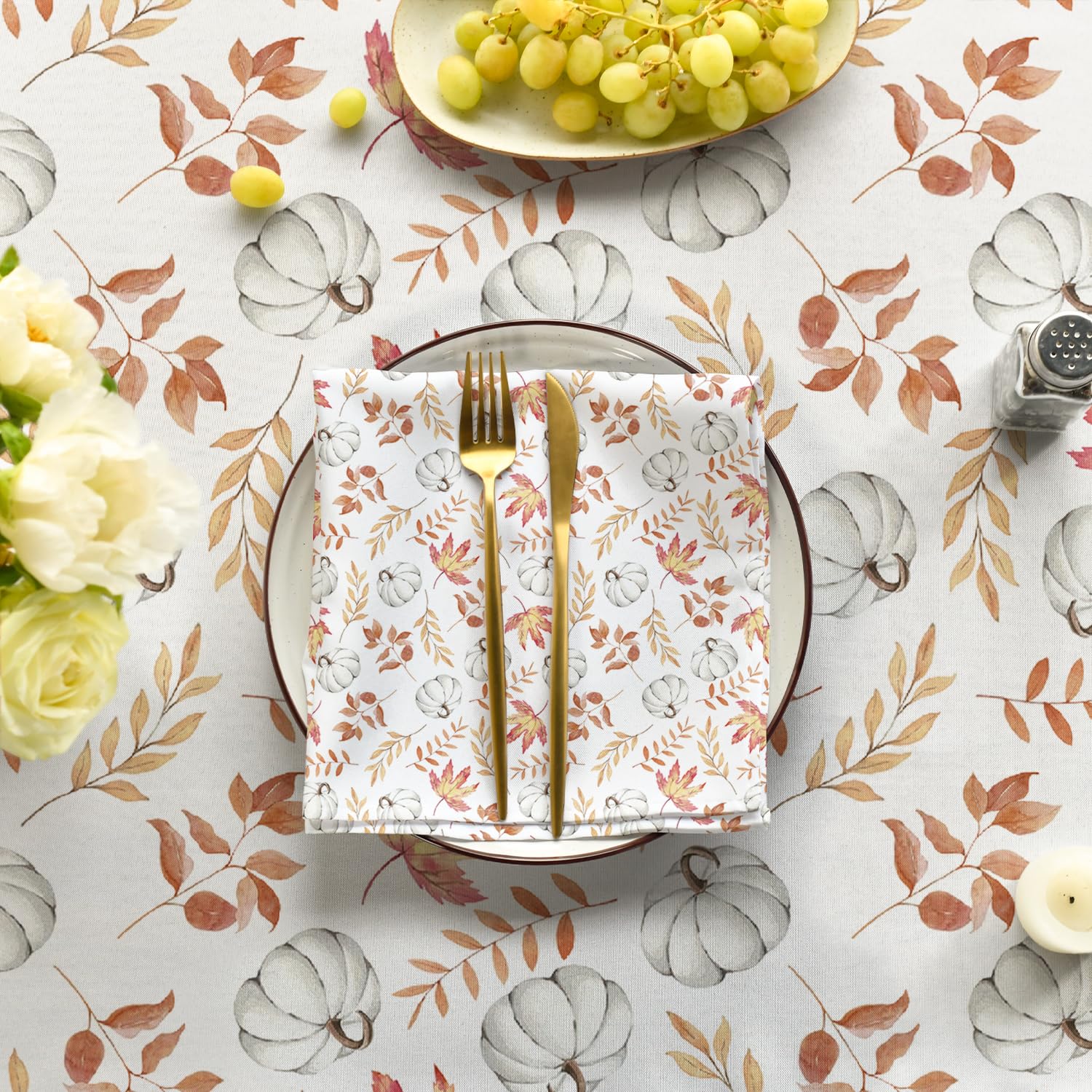 Fall Tablecloth, Thanksgiving Autumn Harvest White Pumpkin Orange Leaf