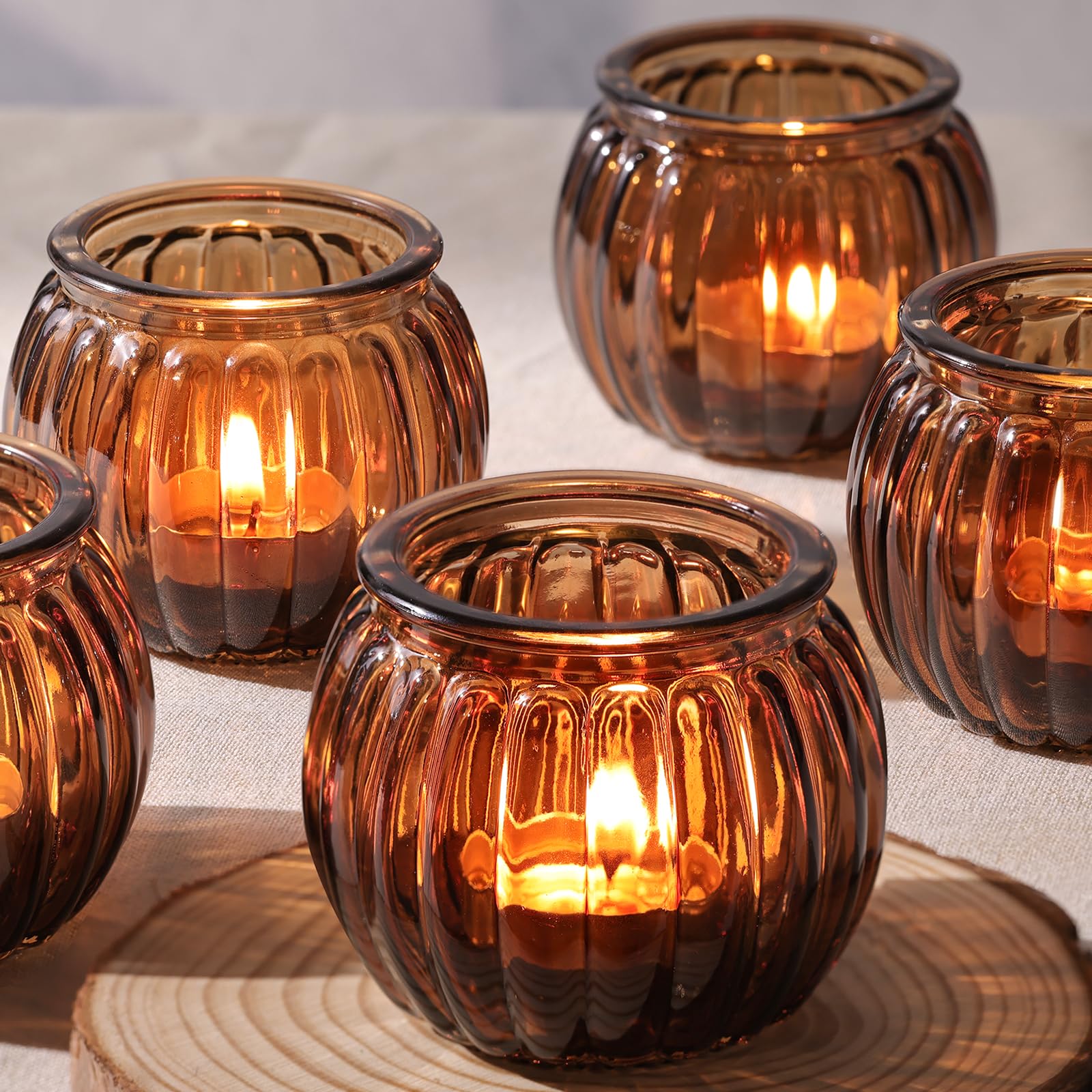 24pcs Amber Votive Candle Holders, Vintage Ribbed Glass Tealight Candle Holders