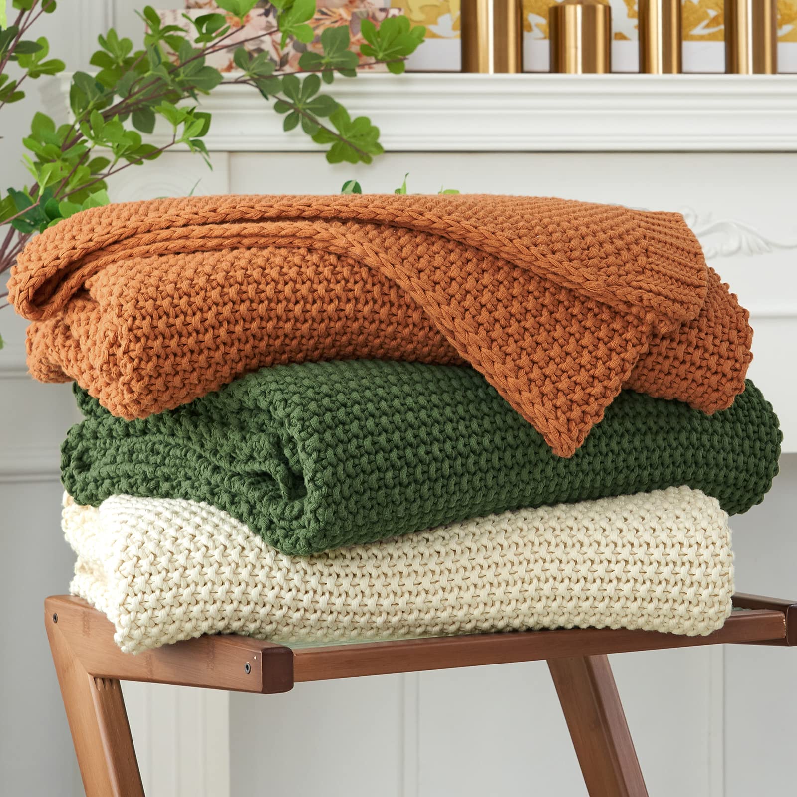 Chunky Cable Knit Throw Blanket Lightweight Olive Green