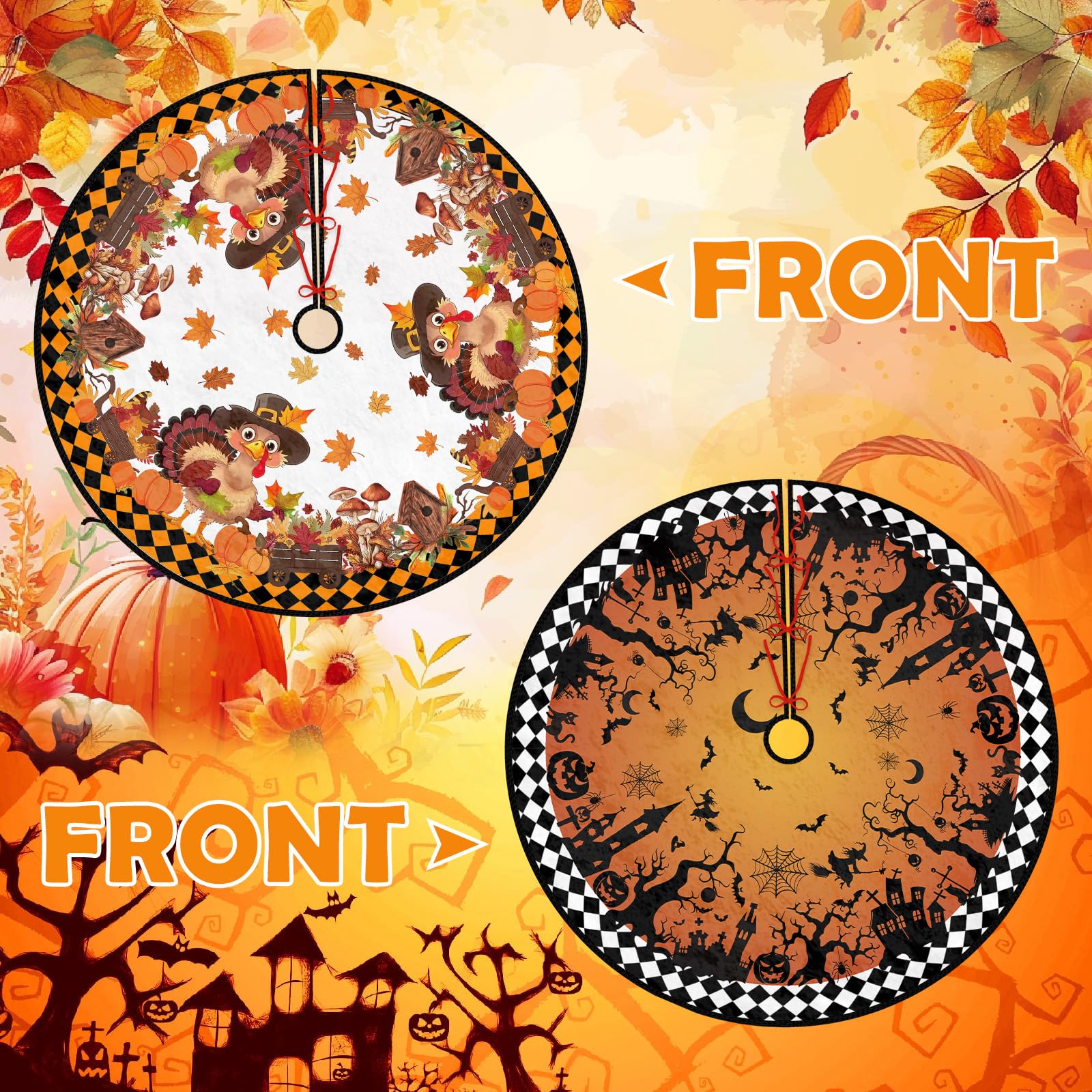 36 Inch Reversible Halloween Thanksgiving Double Side Print Tree Skirt