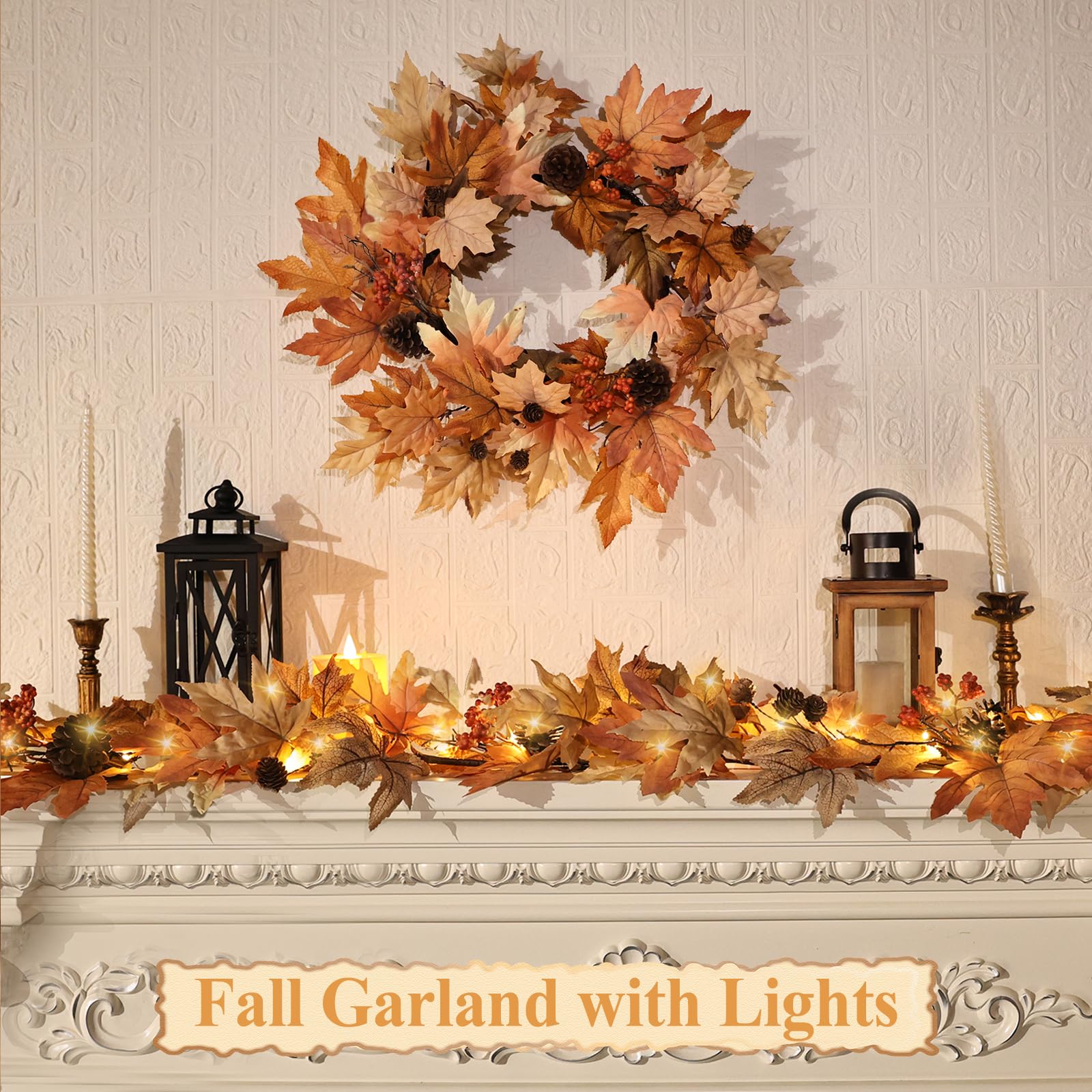 6 FT Fall Garland with Lights, Fall Leaves Garland with Berries & Pine Cones