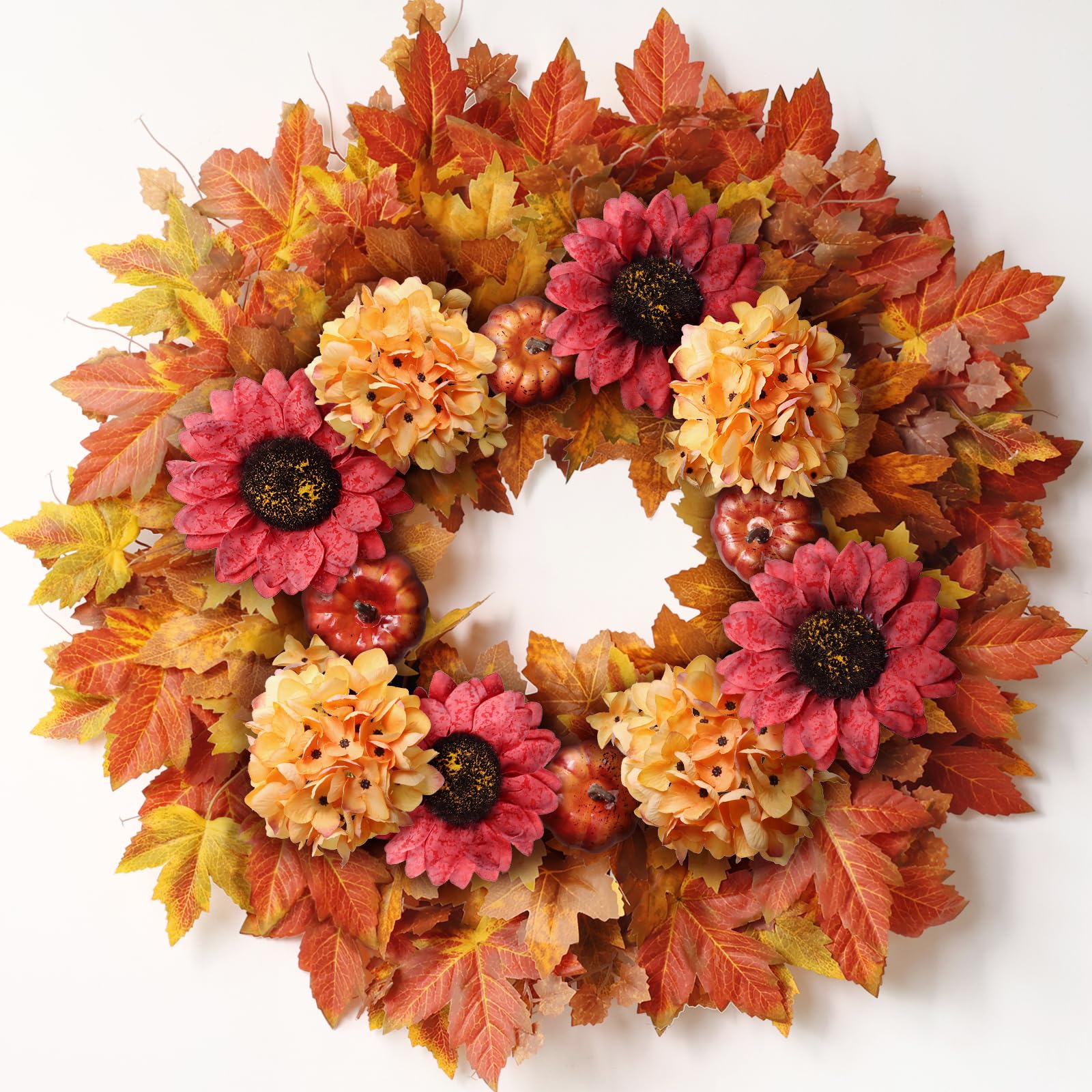 28'' Large Fall Wreath with Artificial Maple Leaves & Faux Sunflower Indoor/Outdoor