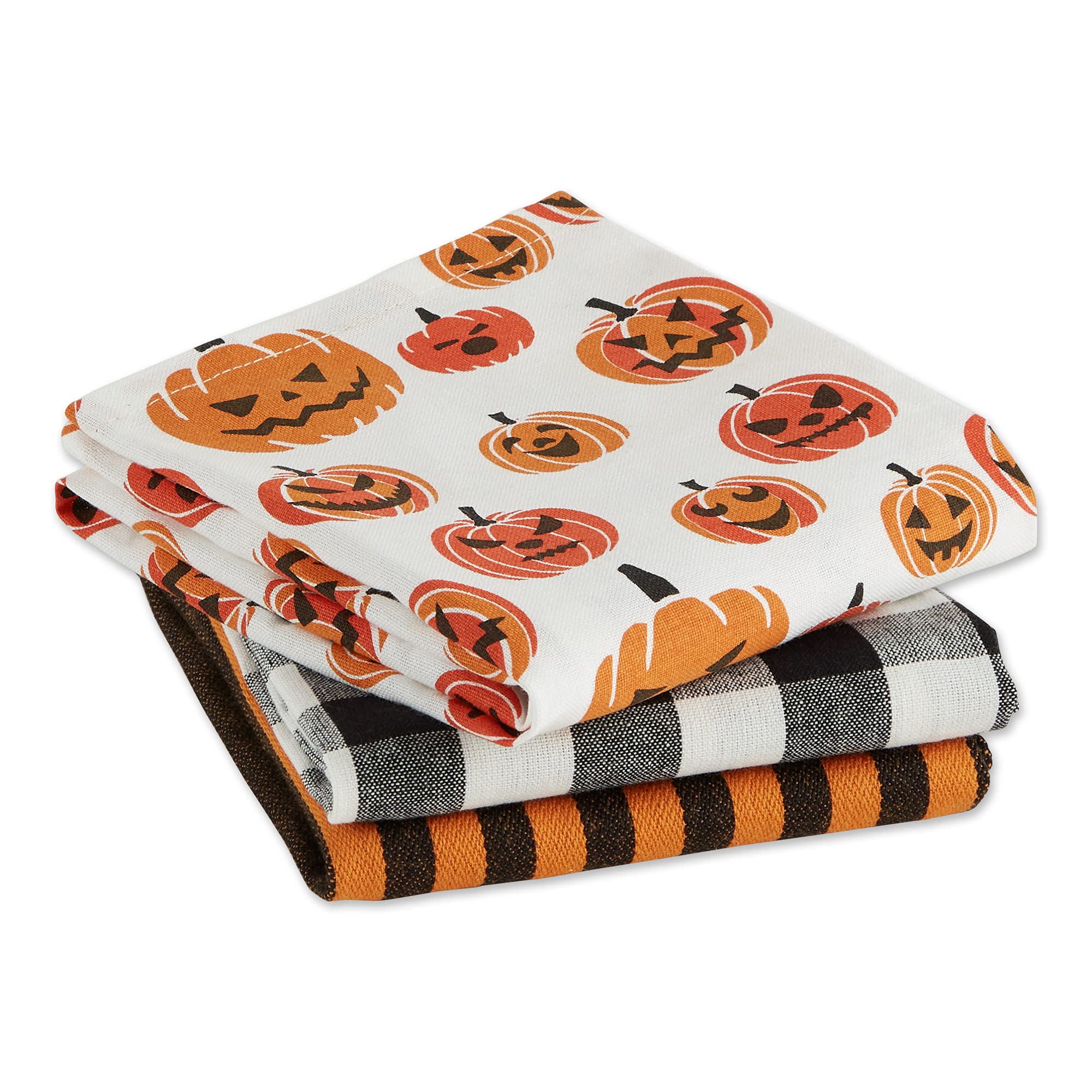 Halloween Hand Towels for The Kitchen, Black & White Buffalo Check/Orange Stripes, 3 Count