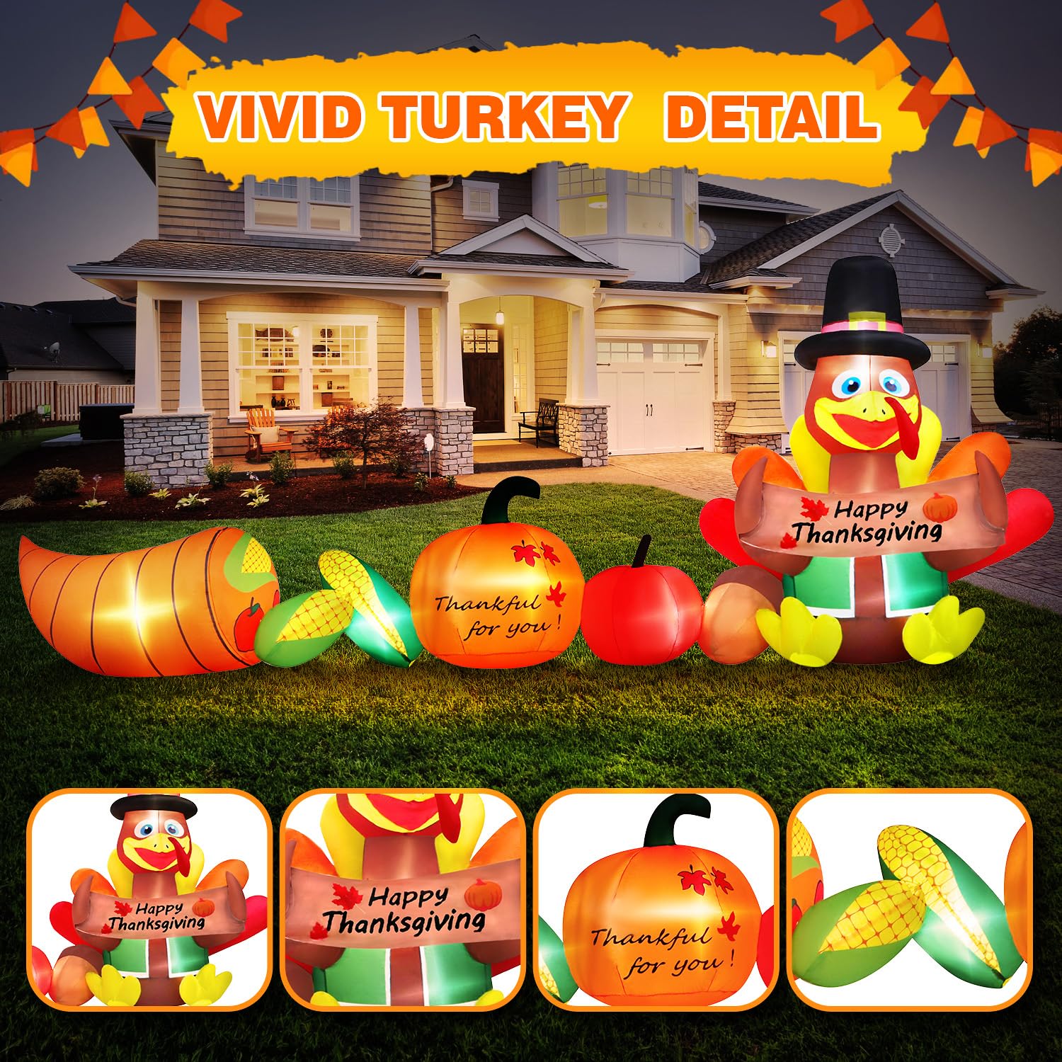 12FT Long Thanksgiving Inflatable Turkey with Pumpkins & Corn