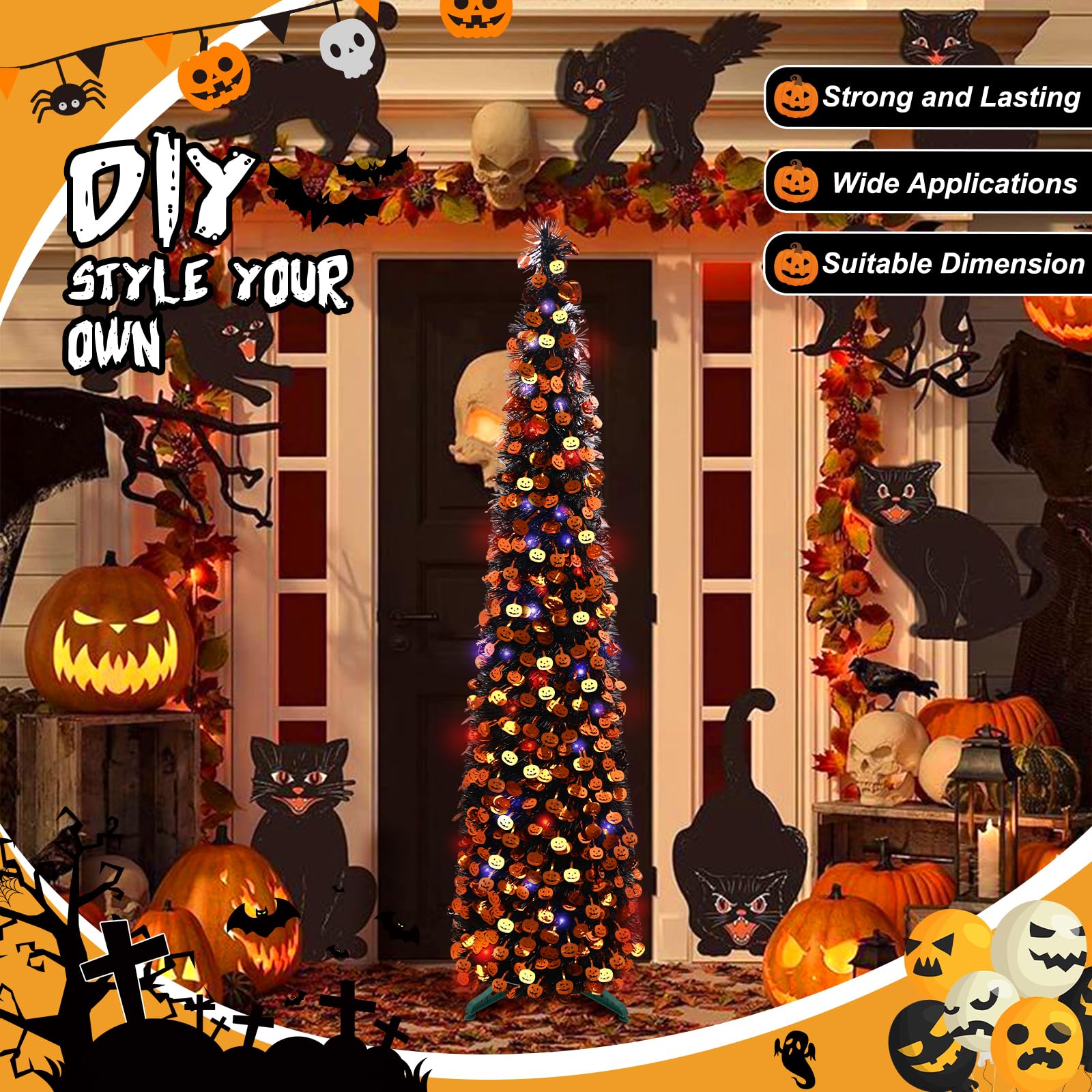 5FT Black Pop-Up Halloween Tree with Orange Pumpkins Features