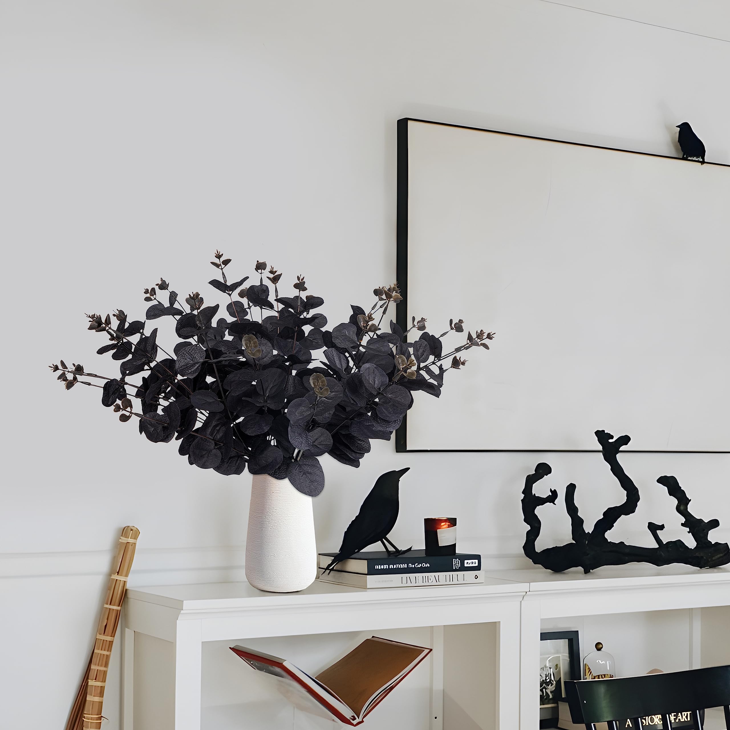 5 Decorazioni Halloween - Fiori Artificiali Neri Con Foglie D'Acero E Zucche - Steli Da 53 Cm