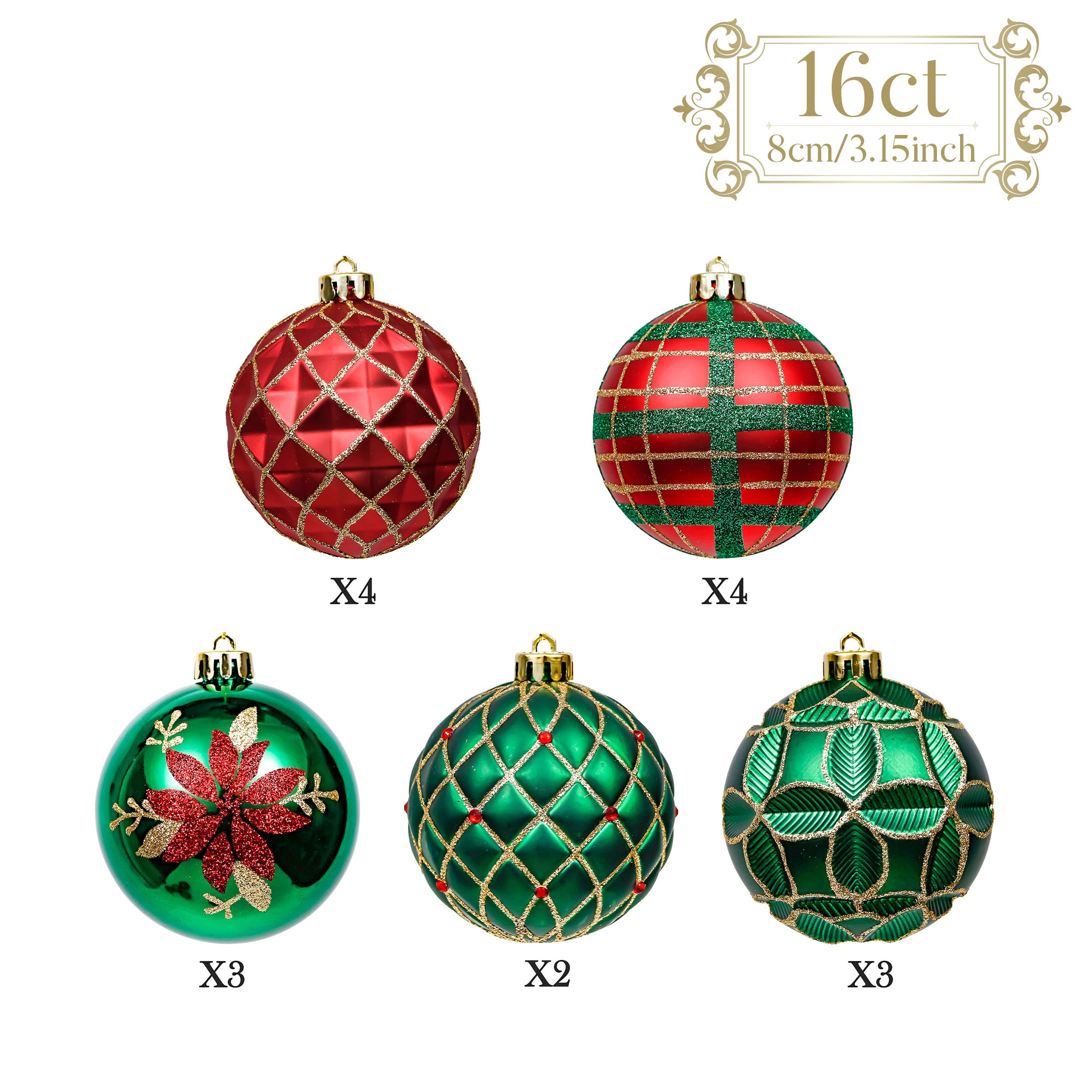 16ct 3.15" Christmas Ball Ornaments Set, Red Green and Gold