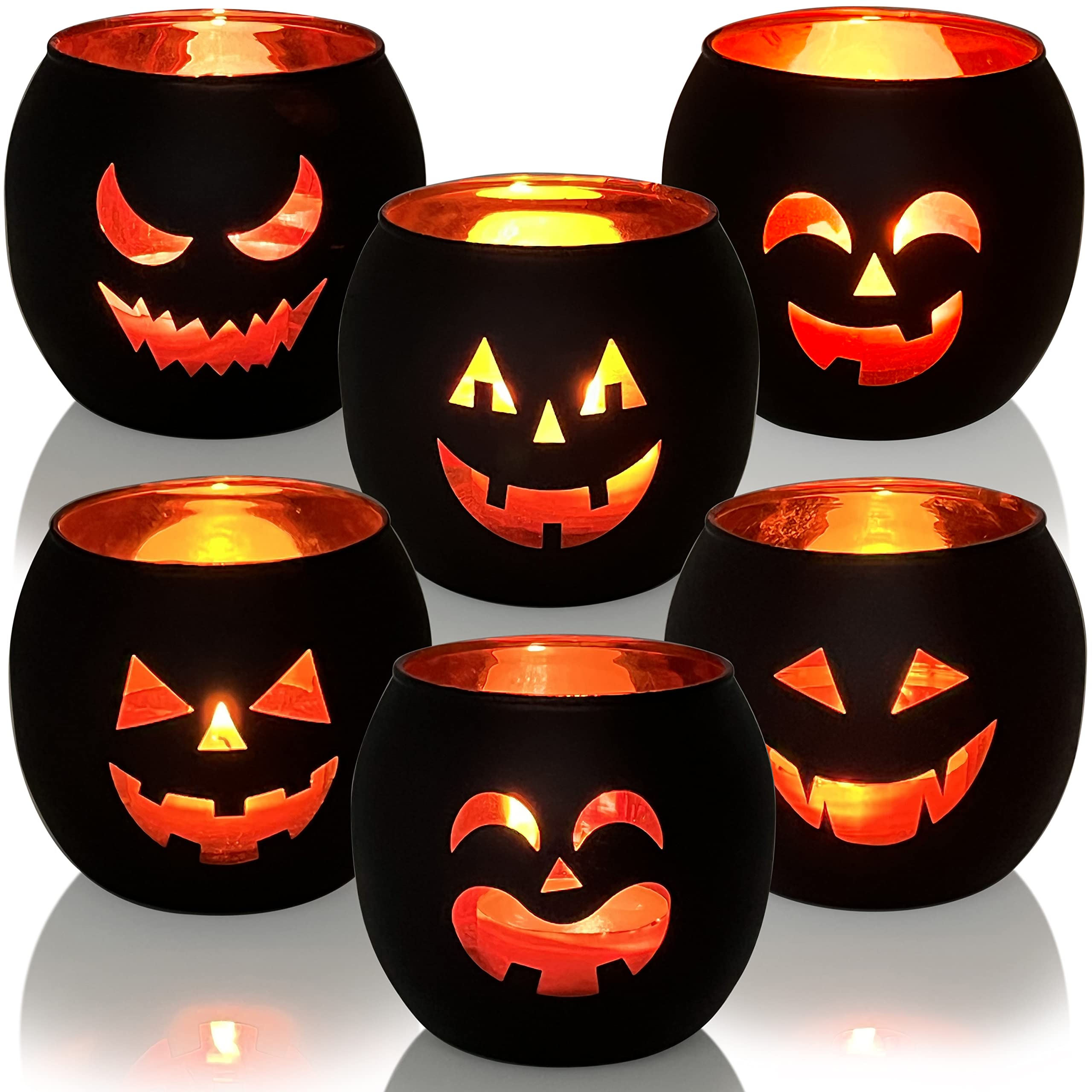 Set of 6 Jack O Lanterns Black Glass Votive Candle Holders