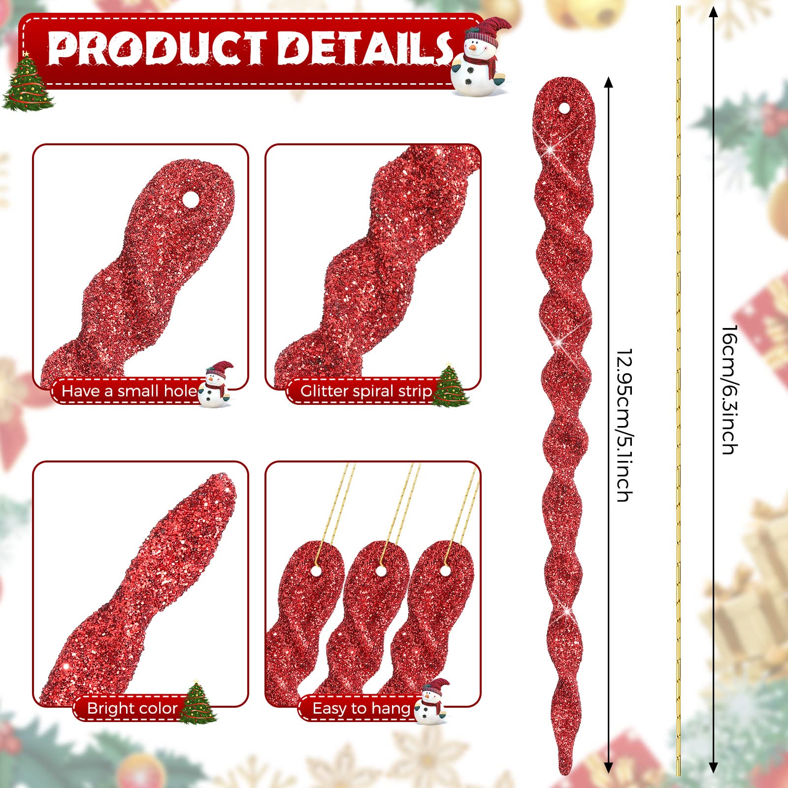 60 Pcs Red and Green Twisted Icicle Ornament Christmas Tree Decorations