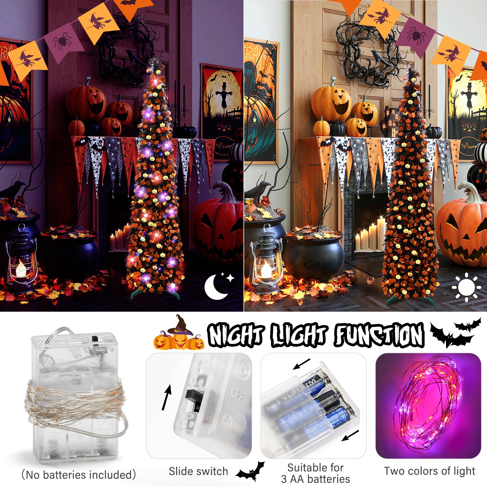 5FT Black Pop-Up Halloween Tree with Orange Pumpkins, lights and sequins