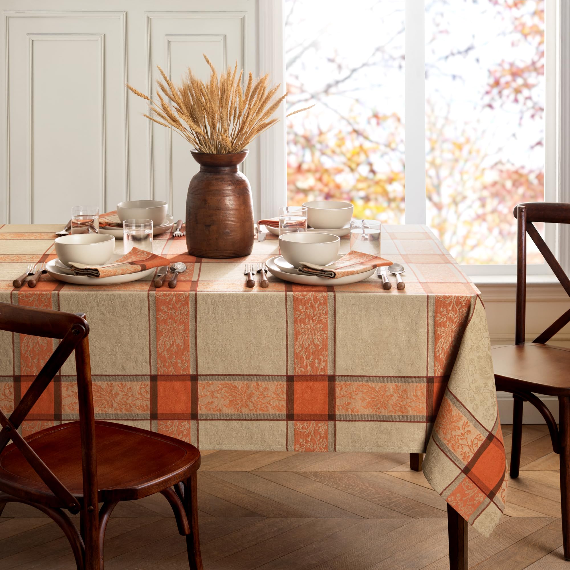 Autumnal Harvest Woven Fall Foliage Cotton Tablecloth, Rectangle