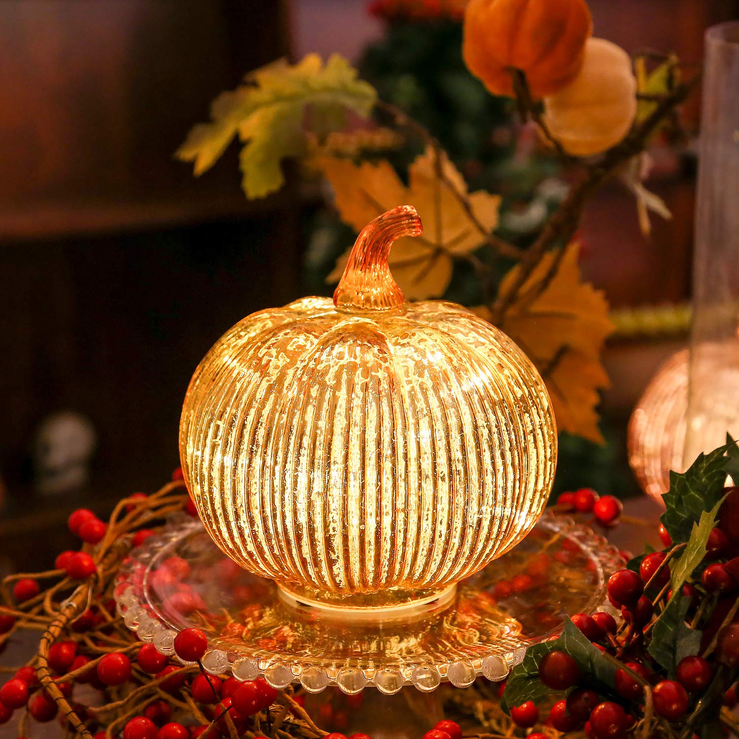 Mercury glass pumpkin with lights - fall indoor pumpkin decor - pumpkin decoration