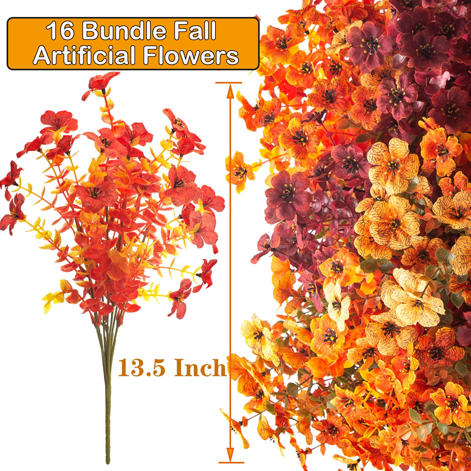 16 Bundles Artificial Fall Flowers Colorful No Fade Fall Mix Indoor/Outdoor