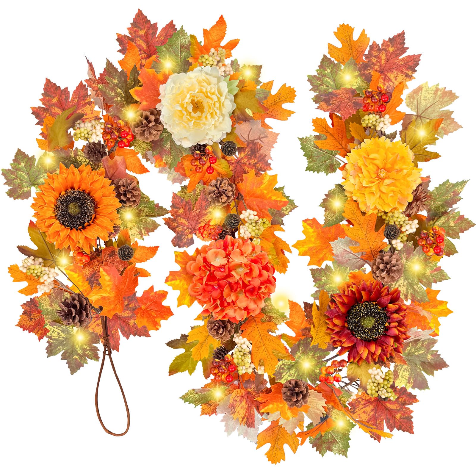 6ft Fall Garland with Lights, Sunflower, Hydrangea, Fall Leaves Indoor/Outdoor