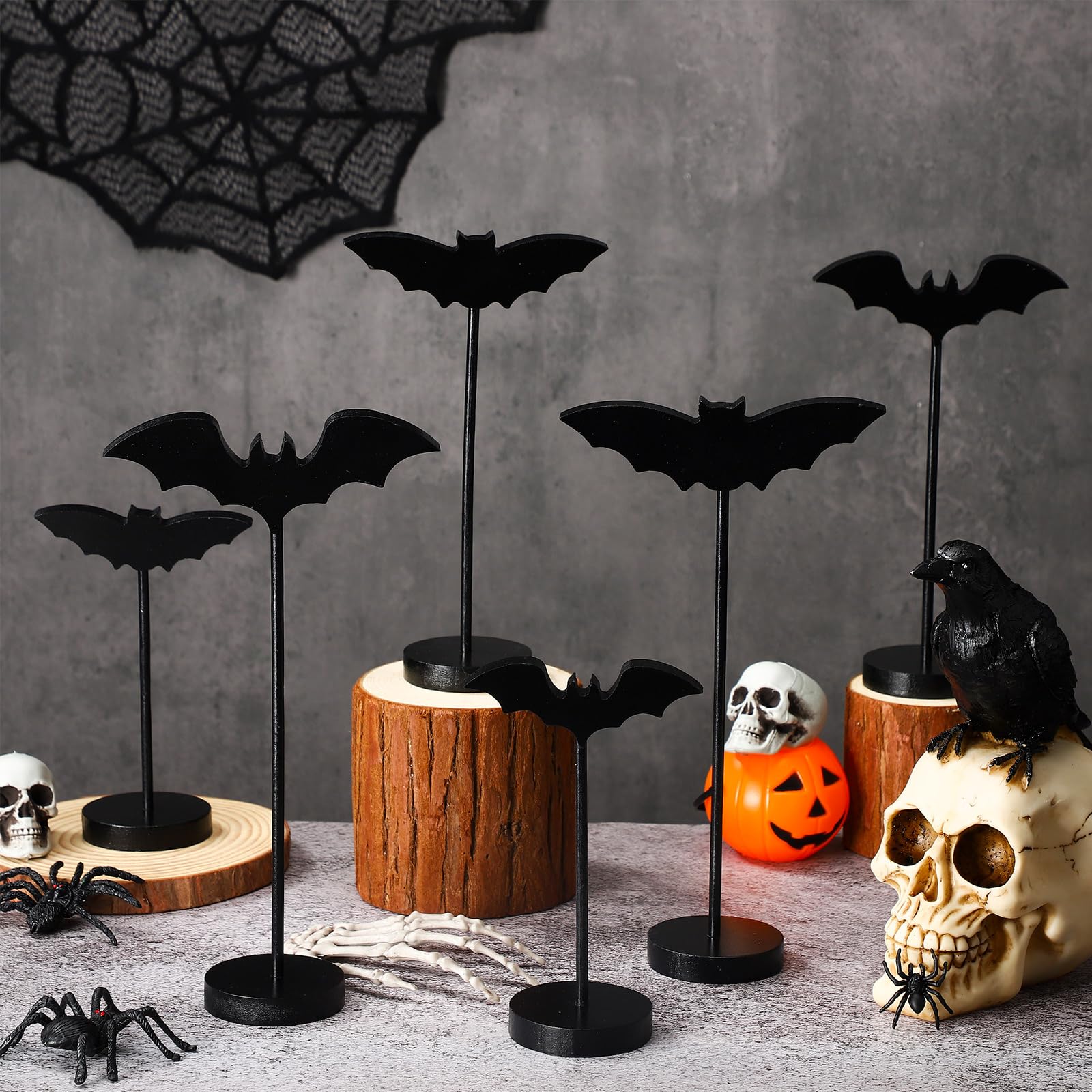 6 Pieces Halloween Table Decorations Tall Standing Bat Decor Wood Sign Block