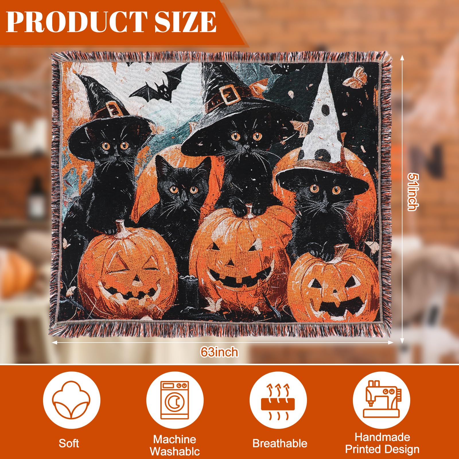 Halloween-themed blanket with black cats and pumpkins showing product size and details